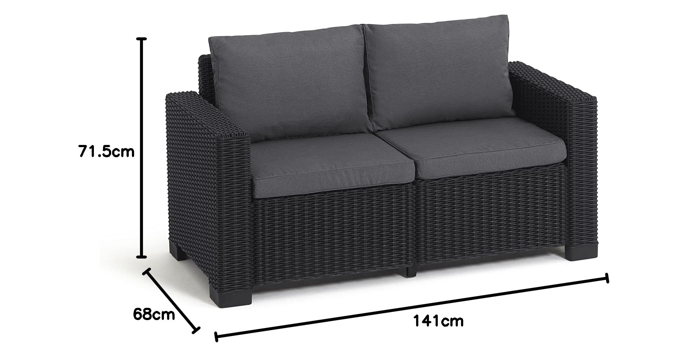 Allibert by Keter Gartenlounge Sofa California 2-Sitzer, graphit/cool grey, inkl. Sitz- und Rückenkissen, Kunststoff, runde Rattanoptik, 141x68x72 cm