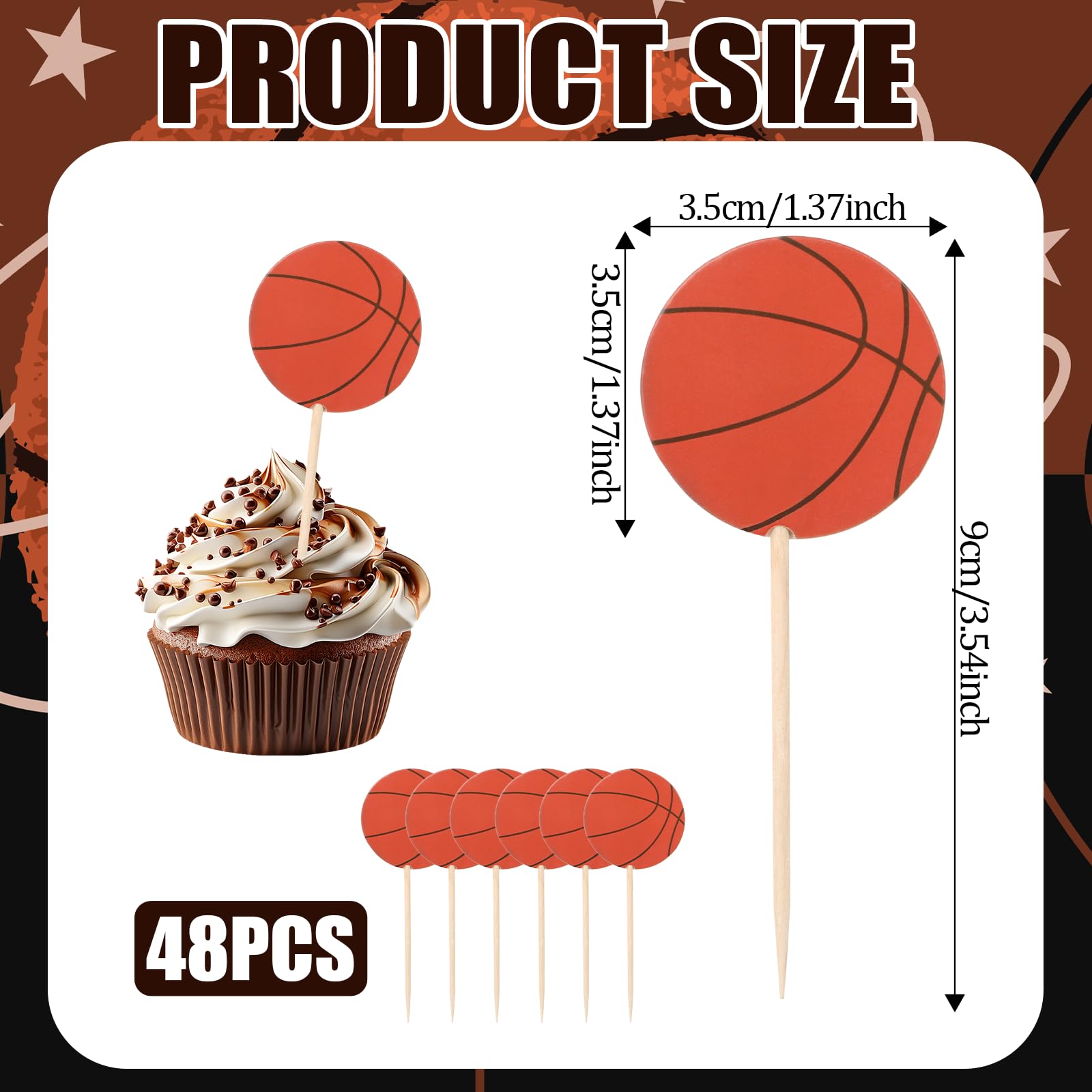 48 Pcs Basketball Cupcake Toppers - Basketball Cake Topper Decorations for Outdoor Sports & Baby Shower, Birthday Party