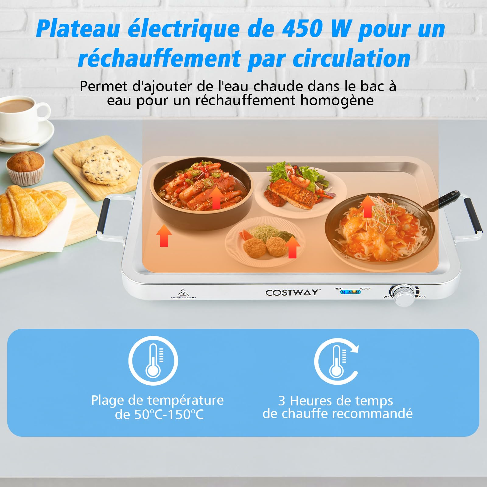 COSTWAY 2 en 1 Chauffe-Plats en Acier Inoxydable Électrique 450 W, GN1/1+3xGN1/3 Récipients avec Couvercle, 9L Chafing Dish, 50-150 °C, Buffets Chauffants pour Banquets, Fêtes, Mariage, Restaurants