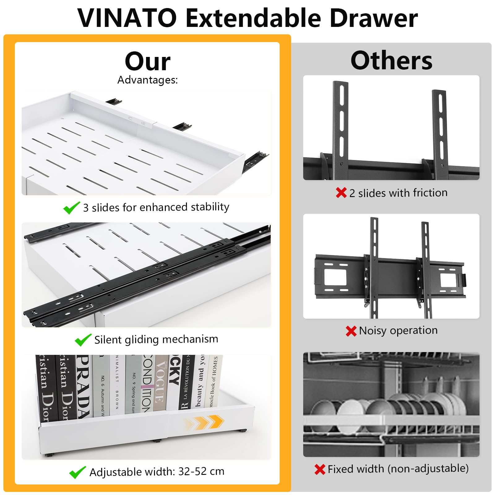 Cassetto Estraibile Regolabile Per Cucina - Sistema Telescopico Senza Foratura, Bianco, Larghezza 32-53 Cm - Foto 2