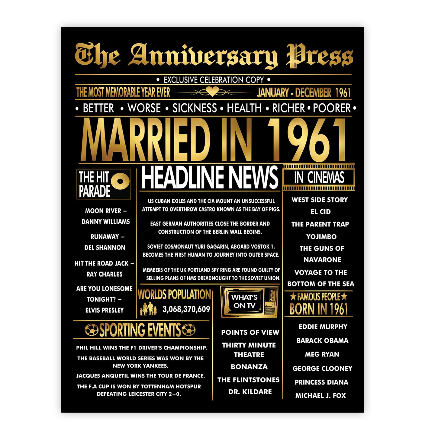 Stuff4 Men's 1961 Gold 65Th Anniversary Poster Unframed - Golden Married In Newspaper - 65 Wedding Anniversary For Wo Vintage Gifts Back In 8X10 Inch Anniversaries Posters