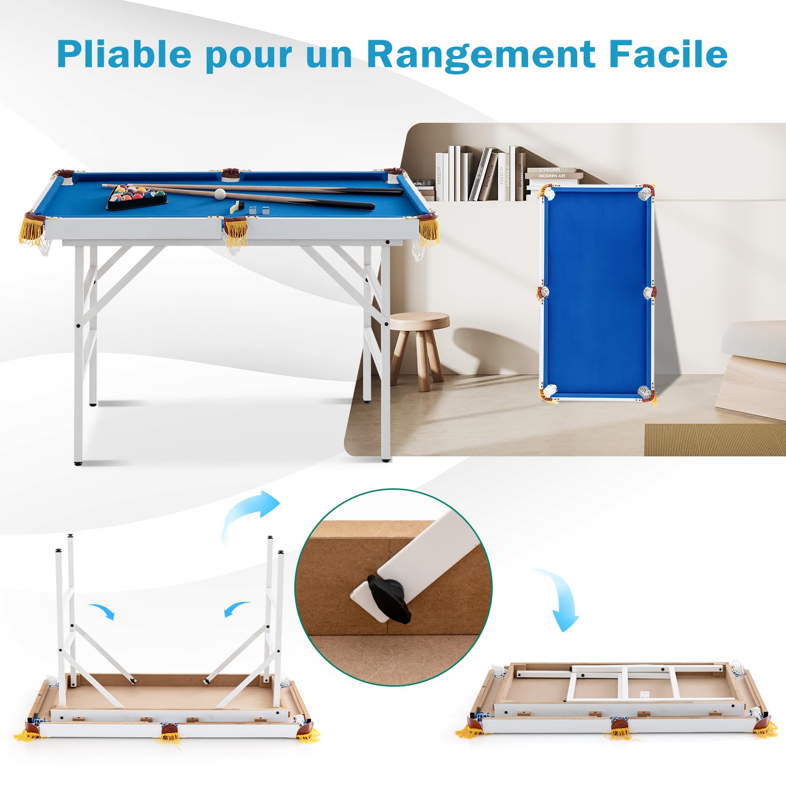 GOPLUS Table de Billard Portable de 122 cm, Mini-Billard avec Pieds Pliables, Jeu d'Arcade d'Intérieur avec 16 Boules, 2 Queues, 2 Craies, 1 Pinceau et 1 Triangle pour Enfants et Adultes