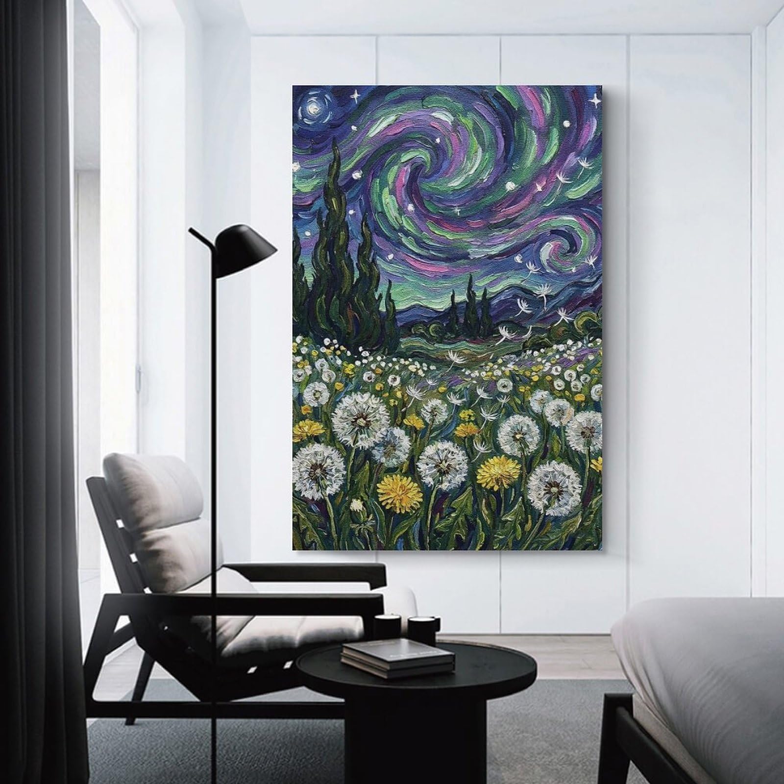Junmoney Starry Night Dandelions Room Decor Wall Art, 24x36inch(60x90cm), for Office, Study Or Home Workspace, Decorative Artwork for Productive Spaces