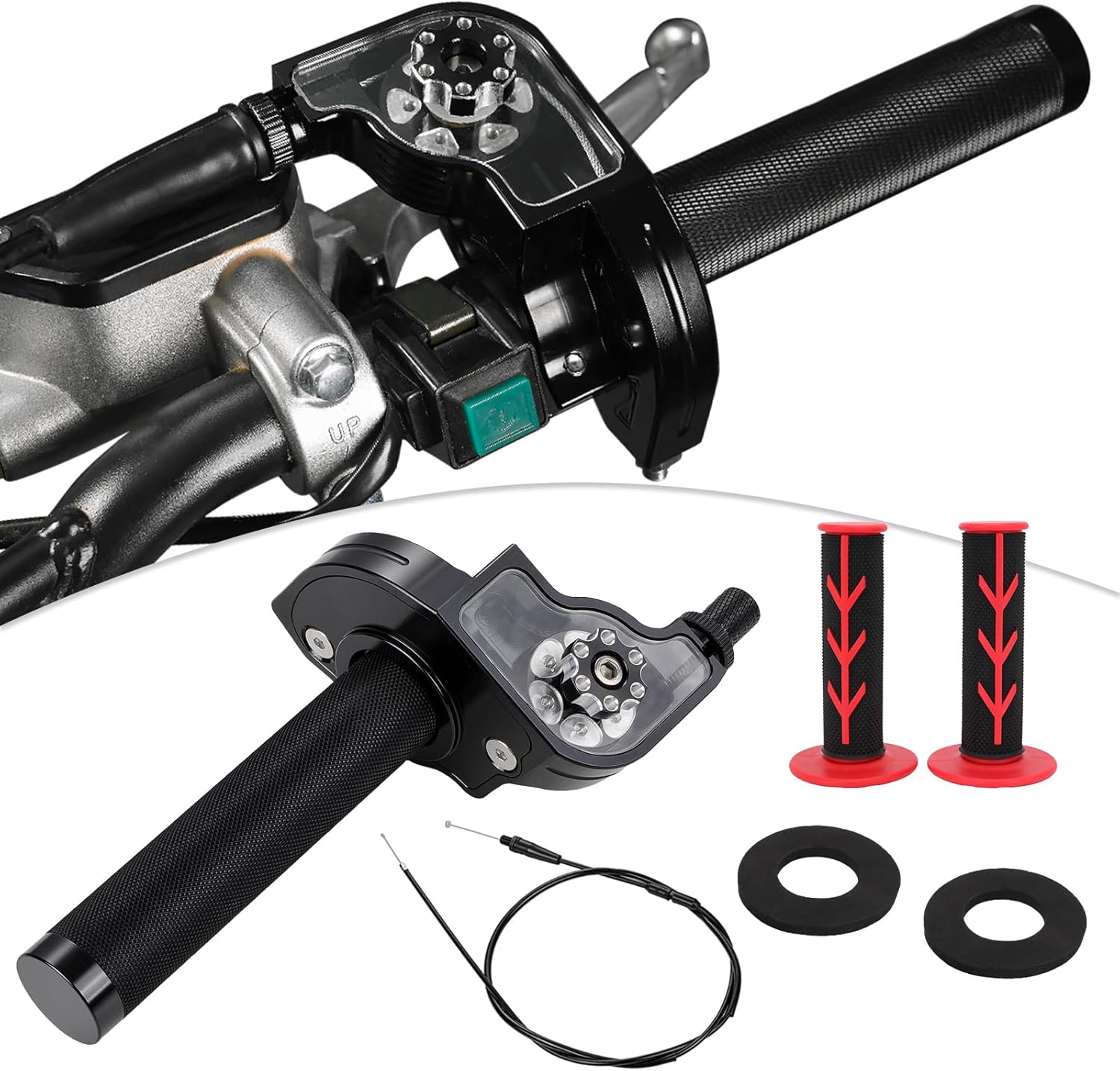 7/8" 22mm Motorcycle Throttle Assembly,Aluminum Alloy Transparent Design Twist Throttle Handle Grips With Throttle Cable Universal for CRF CR XR TTR SSR 110 125 200 250cc Dirt Pit Bike Mini Bike-Black