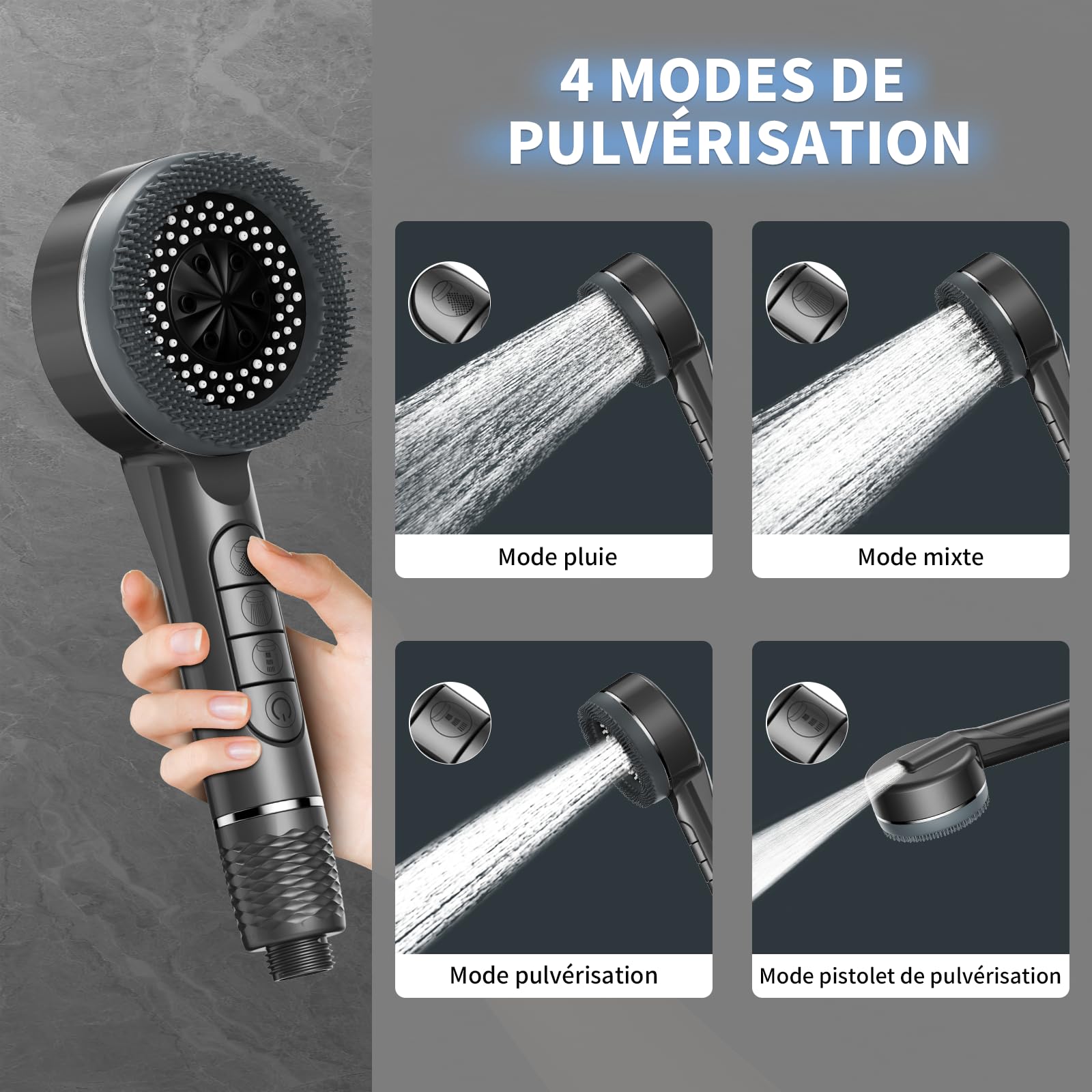 Pommeau Douche Haute Pression Anti Calcaire avec Filtre 15 Étapes Tuyau 1,5M Support 4 Jets Gris