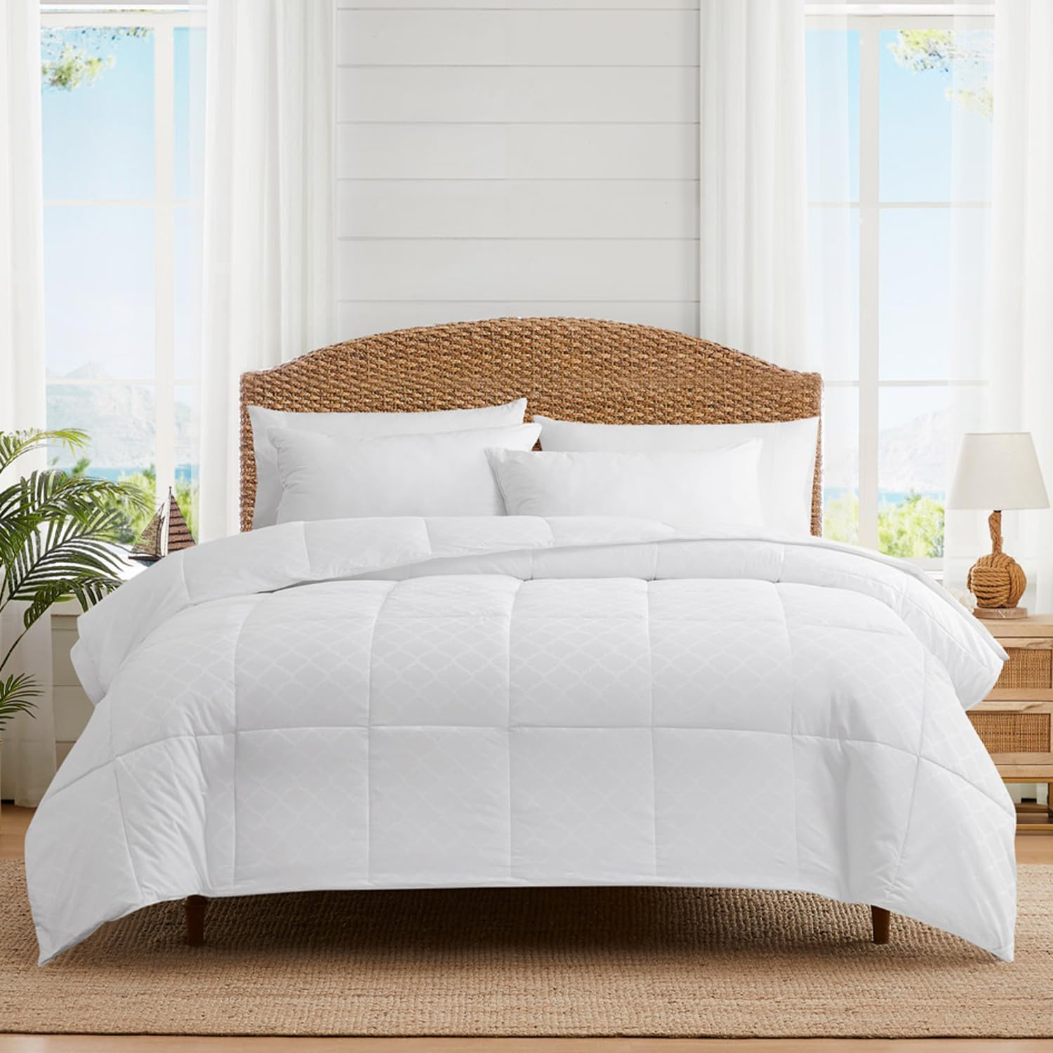 DOWNLITE Tommy Bahama Get Cozy Comforter – 350 Thread Count, Breathable 100% Cotton Fabric – Weighted for All Season Toss & Turn Comfort – Oversized Queen