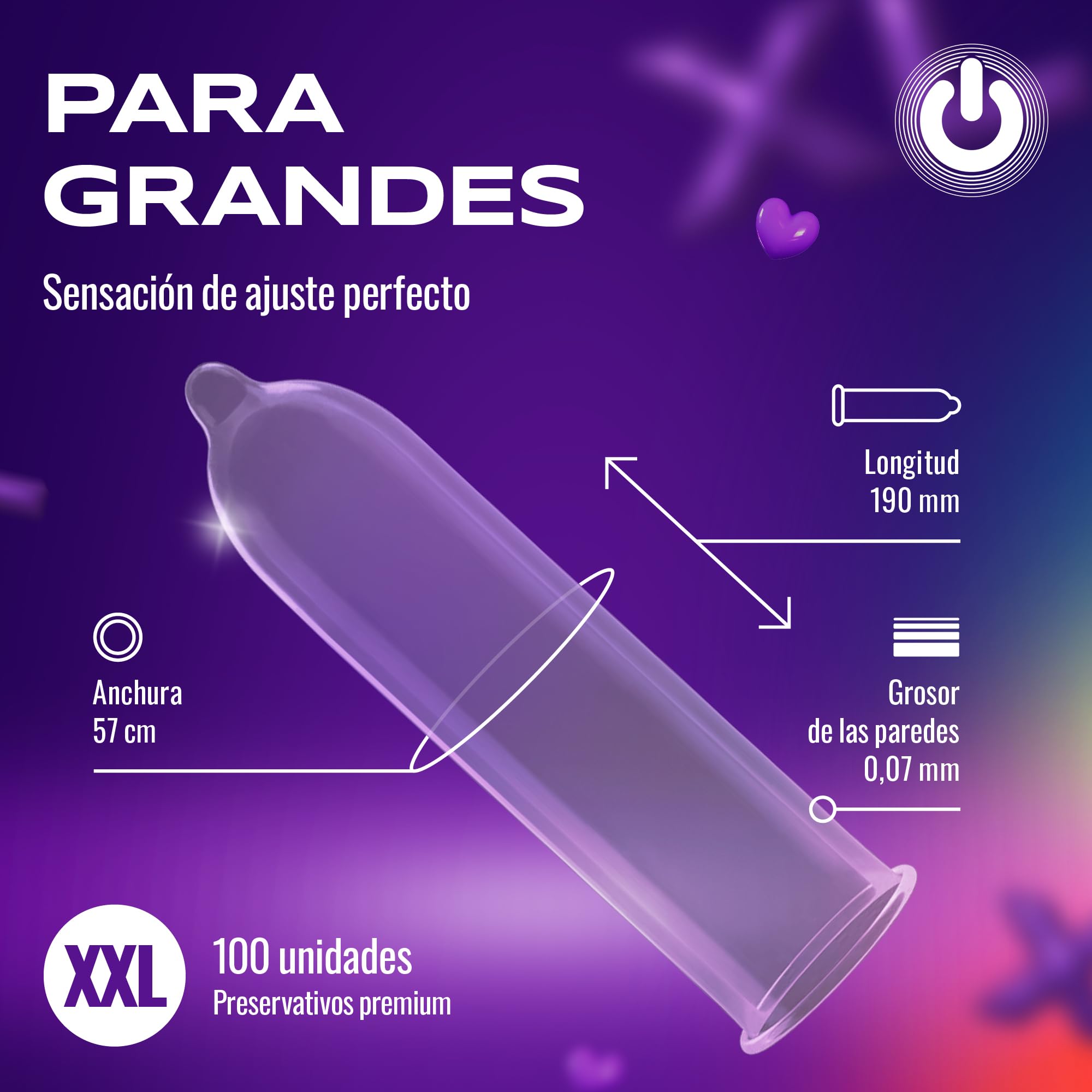 ON) Condones XX-Large | 57 mm de ancho | Paquete de 100 unidades | Condones premium extra grandes con lubricante de silicona | Delgadez de 0,07 mm | para hombres