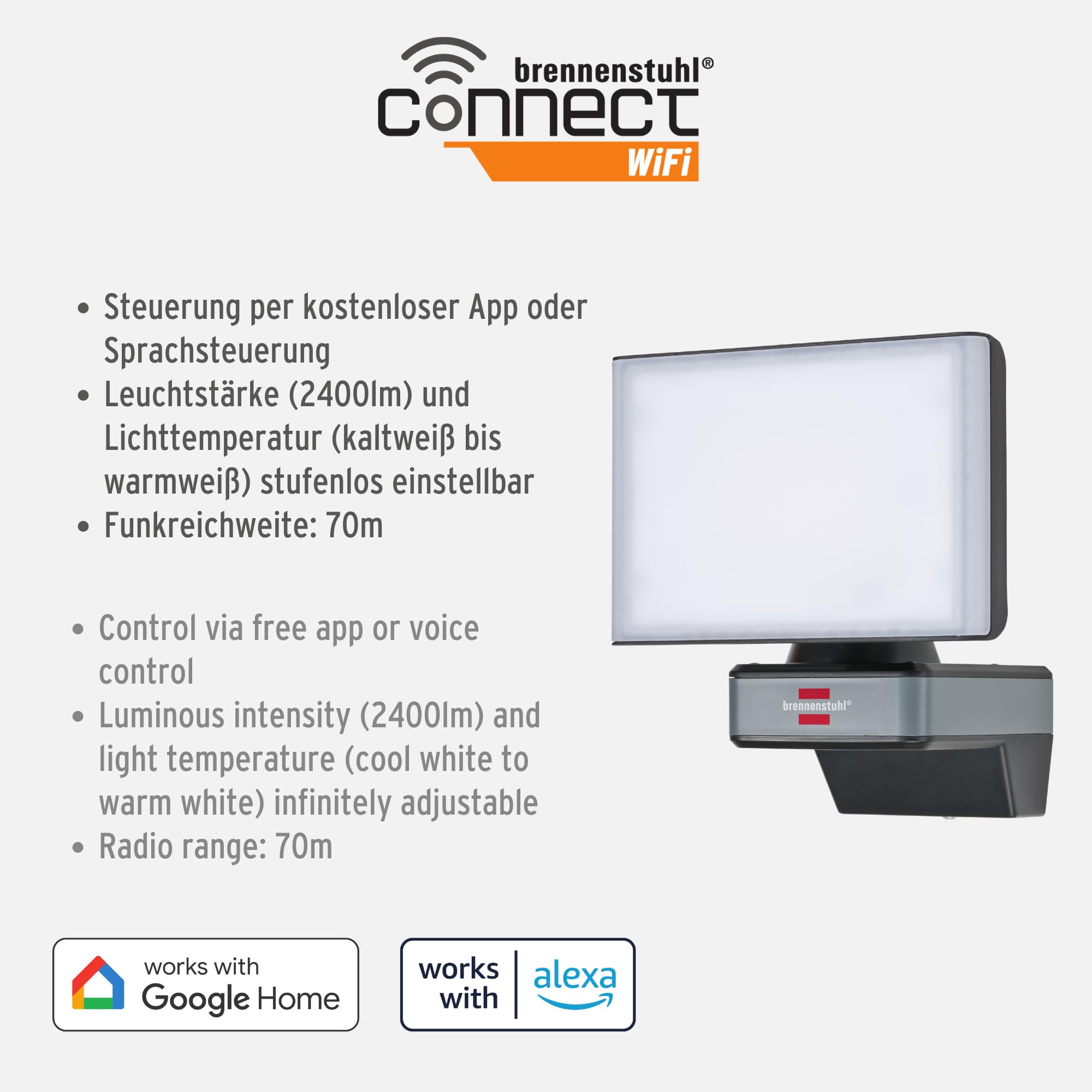 Brennenstuhl Connect WiFi LED Strahler WF 2050 (20W, 2400lm, IP54, diverse Lichtfunktionen über App einstellbar, Außenstrahler zur Wandmontage)