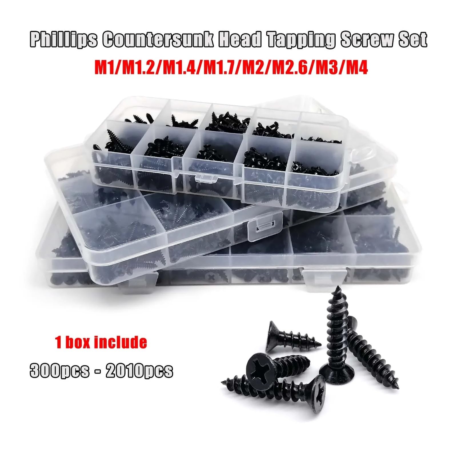 1 Kit de tornillos autorroscantes for madera de cabeza avellanada plana en cruz de acero negro, surtidos M1 M1.2 M1.4 M1.7 M2 M2.6M3 M4(Set D 2010pcs)