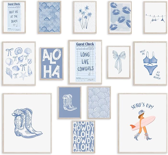Amazon.com: Aroutde Coastal Cowgirl Room Decor, Light Blue Coastal Granddaughter Wall Decor Set of 15 Beach Posters for Room Aesthetic Surfs up Cowgirl Posters for Teen Girls Bedroom Decorations (Unframed): Posters & Prints