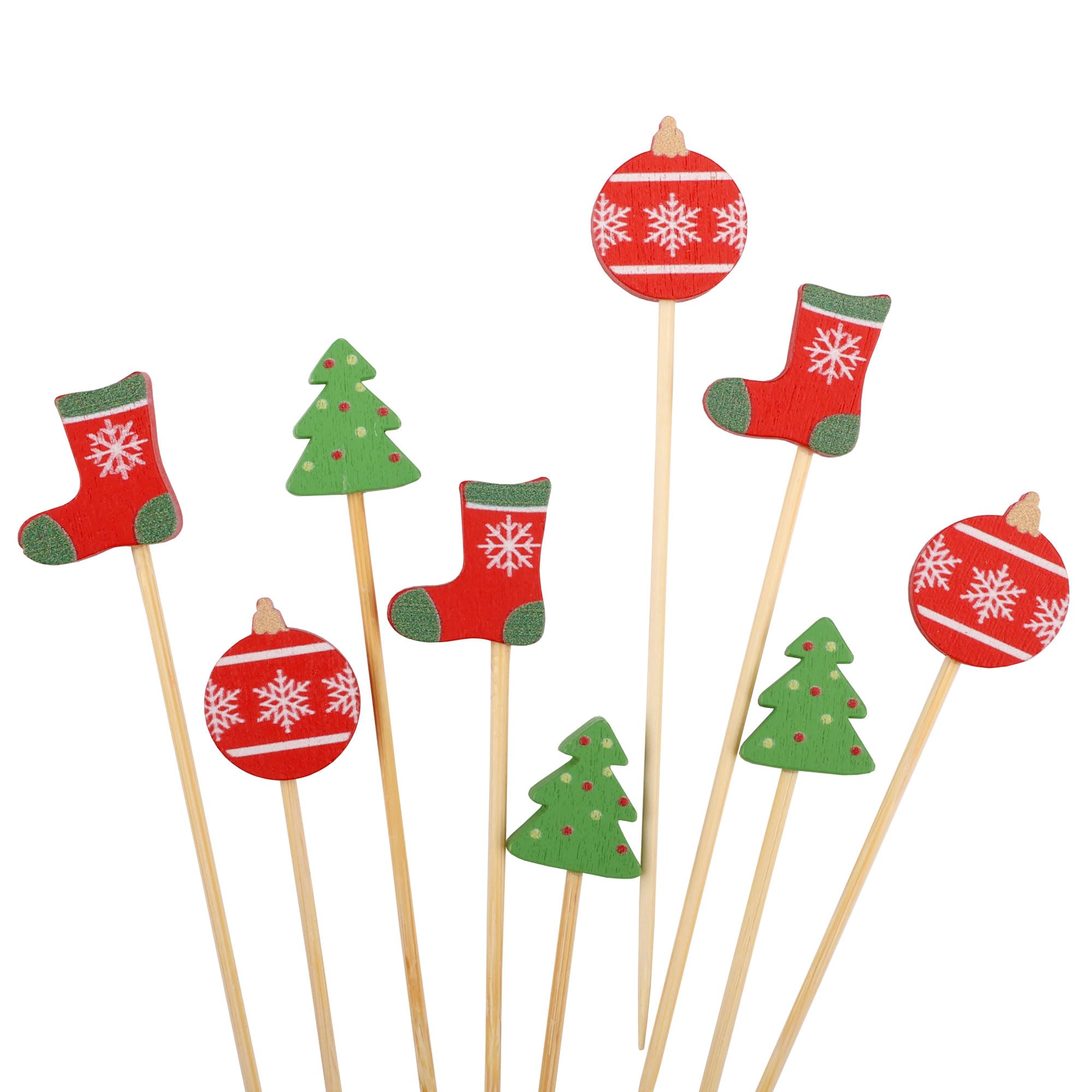 Christmas Decor Bamboo Food Appetiser Fruit Garnish Drink Picks Skewers - 3.9" (10cm) - Christmas Tree, Stocking, Ornament - 100pcs