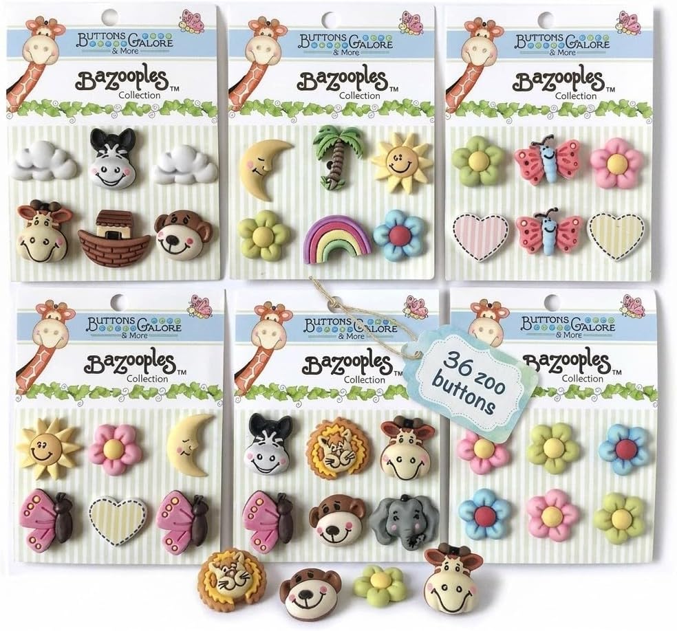 BaZooples Group - 36-Piece Zoo Animal Craft Buttons Set | Sewing & DIY Craft Supplies