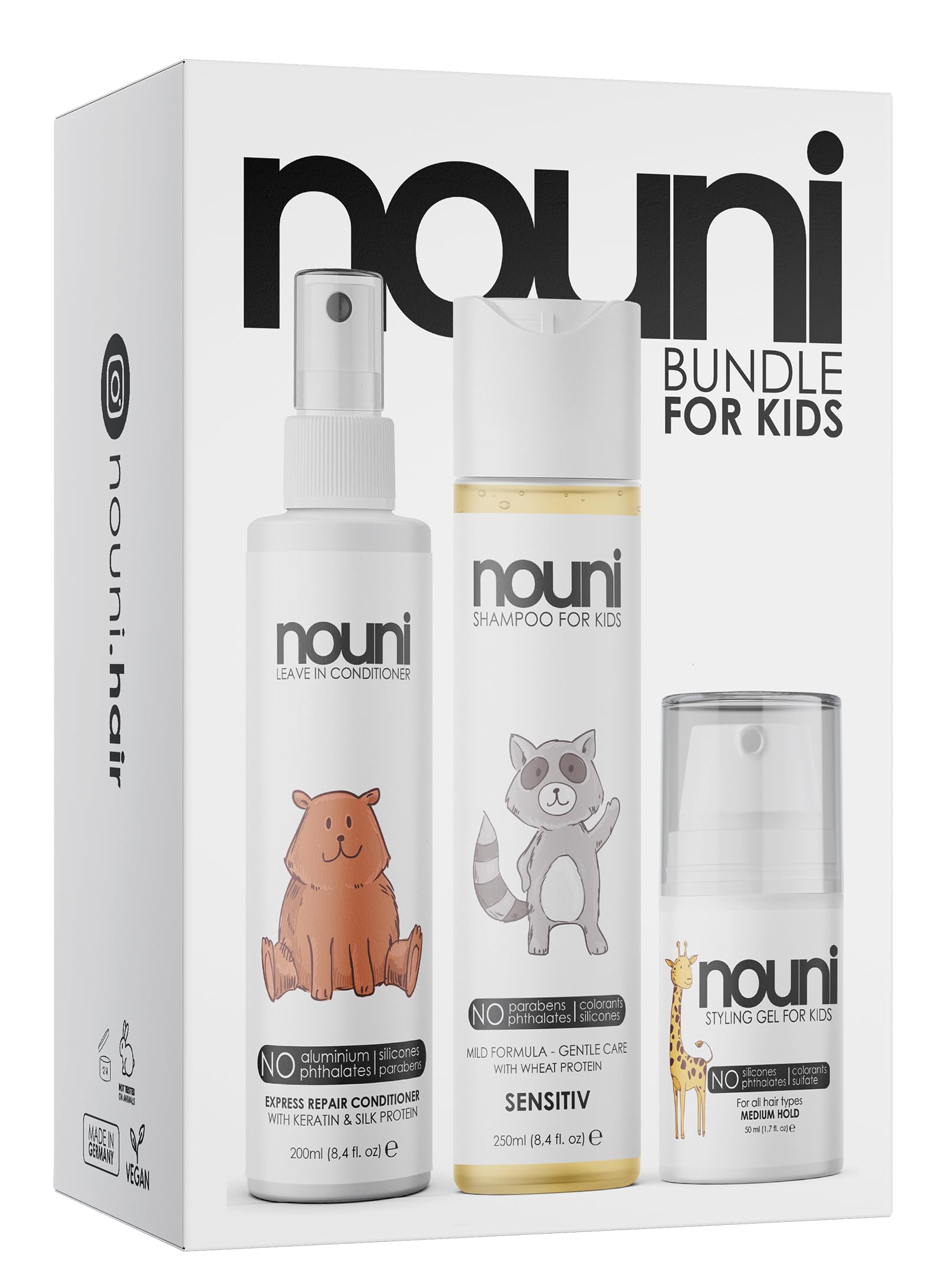 Haargel, Shampoo & Leave-In Conditioner für Kinder und Kleinkinder | Styling Gel ohne Rückstände - Shampoo ohne Tränen & Ziepen - Repair Conditioner | Für alle Haartypen bei Mädchen und Jungen | nouni