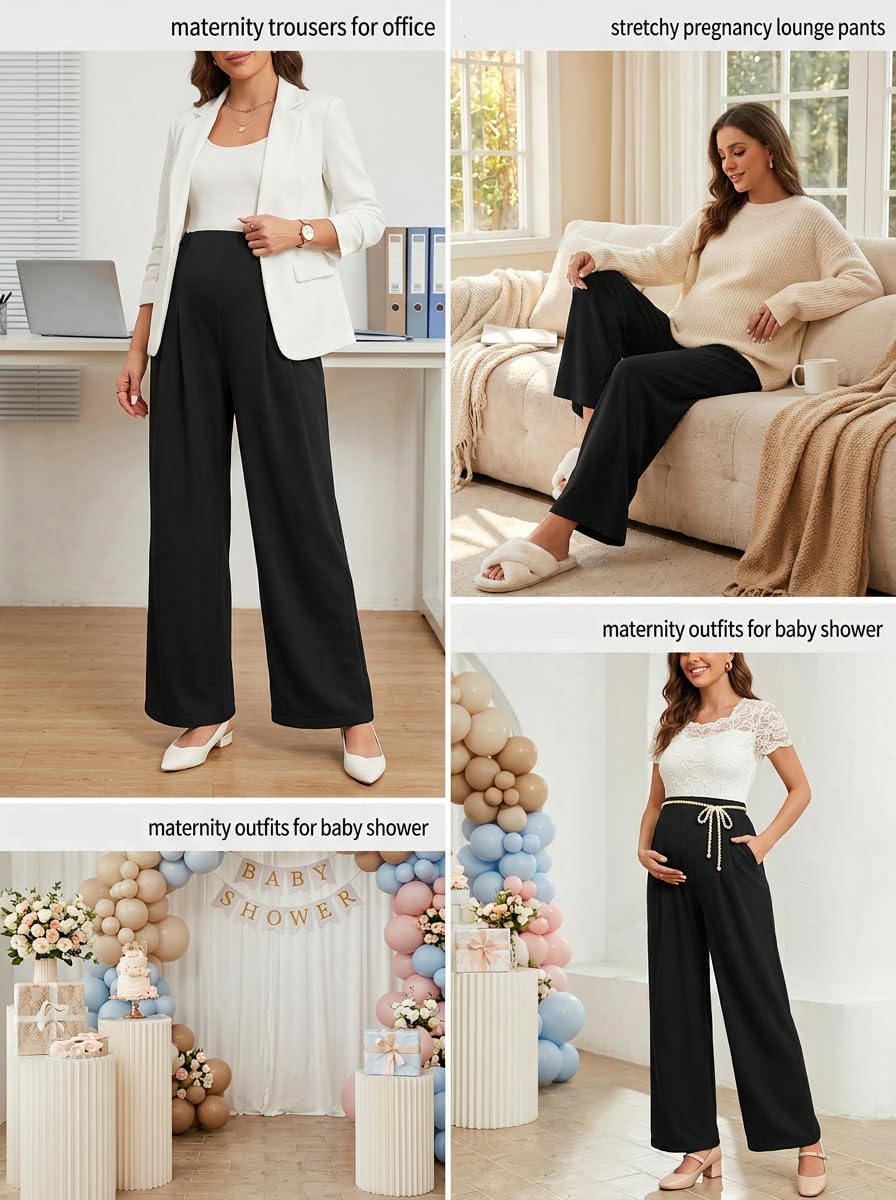 BLENCOT Women Maternity Pants Work Stretchy Wide Leg Trousers Baggy Pregnancy Joggers with Pockets