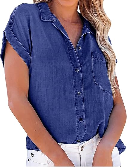 Denim blouse korte mouw | Vintage blauw | M | 264677-vintage blauw-M