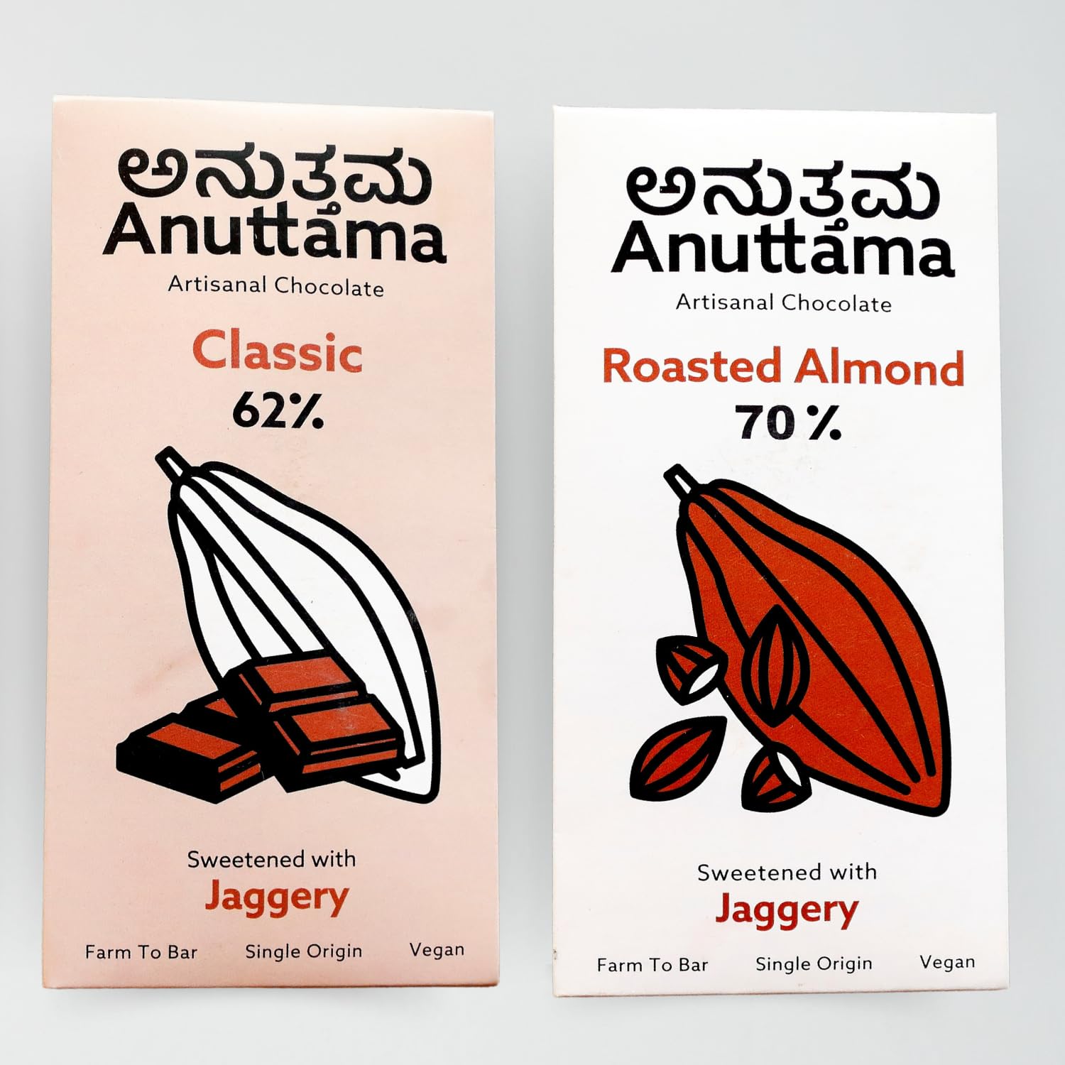 ANUTTAMA Dark Chocolate (2 x50g)| Chocolates Gift Pack | Combo of Roasted Almond 70% Cocoa & Classic 62% Dark Chocolate | Jaggery Sweetened | No Artificial Flavour & Colors | Chocolate for Gift