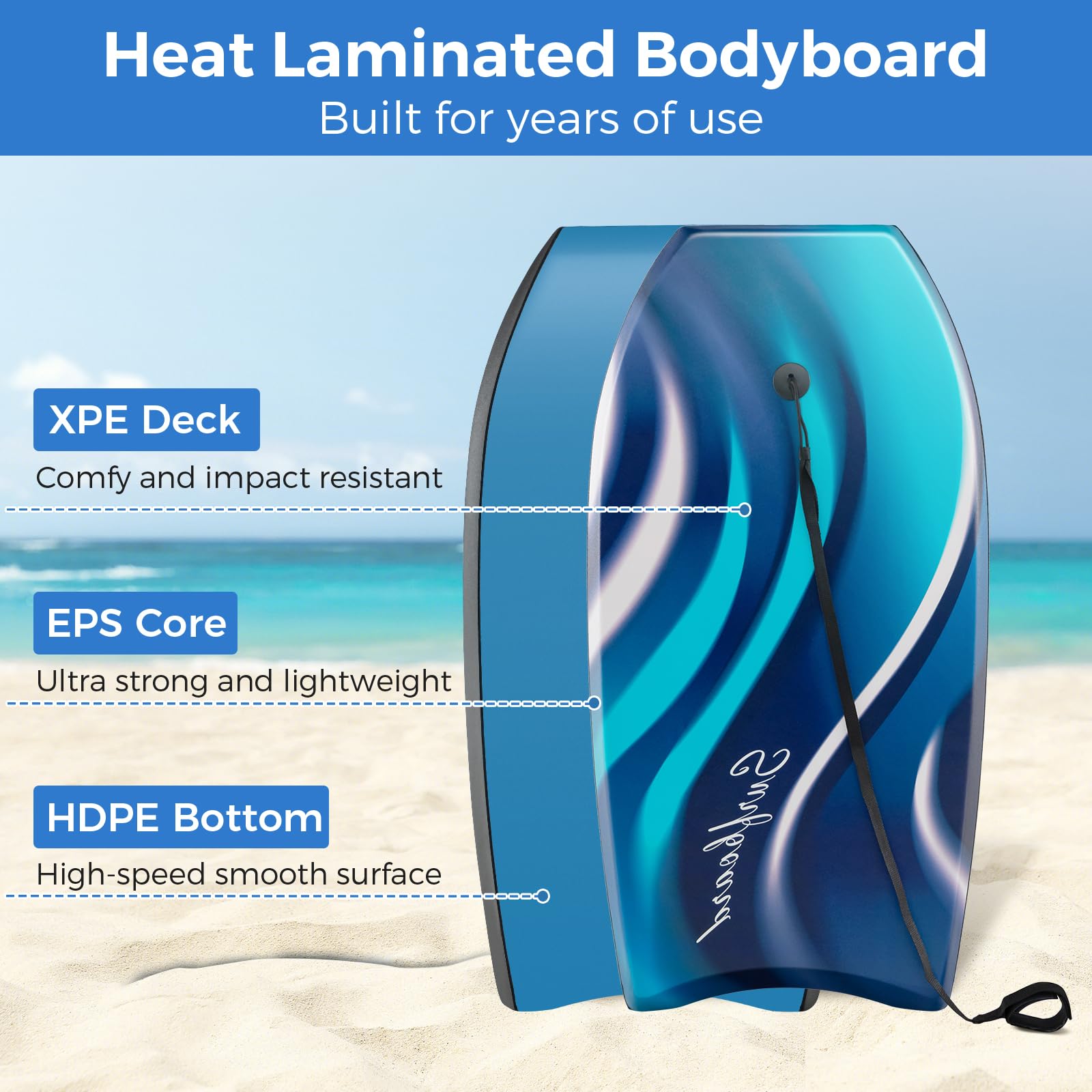 HOMASIS Planche de Surf Léger, Body Board avec Pont XPE, Planche à Vague Noyau en Mousse EPS, Base en Croissant, Laisse de Poignet sans Gonflage pour Adultes et Adolescents