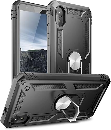 TJS Funda compatible con Motorola Moto E6, anillo de metal, soporte magnético, protector resistente contra caídas (negro)