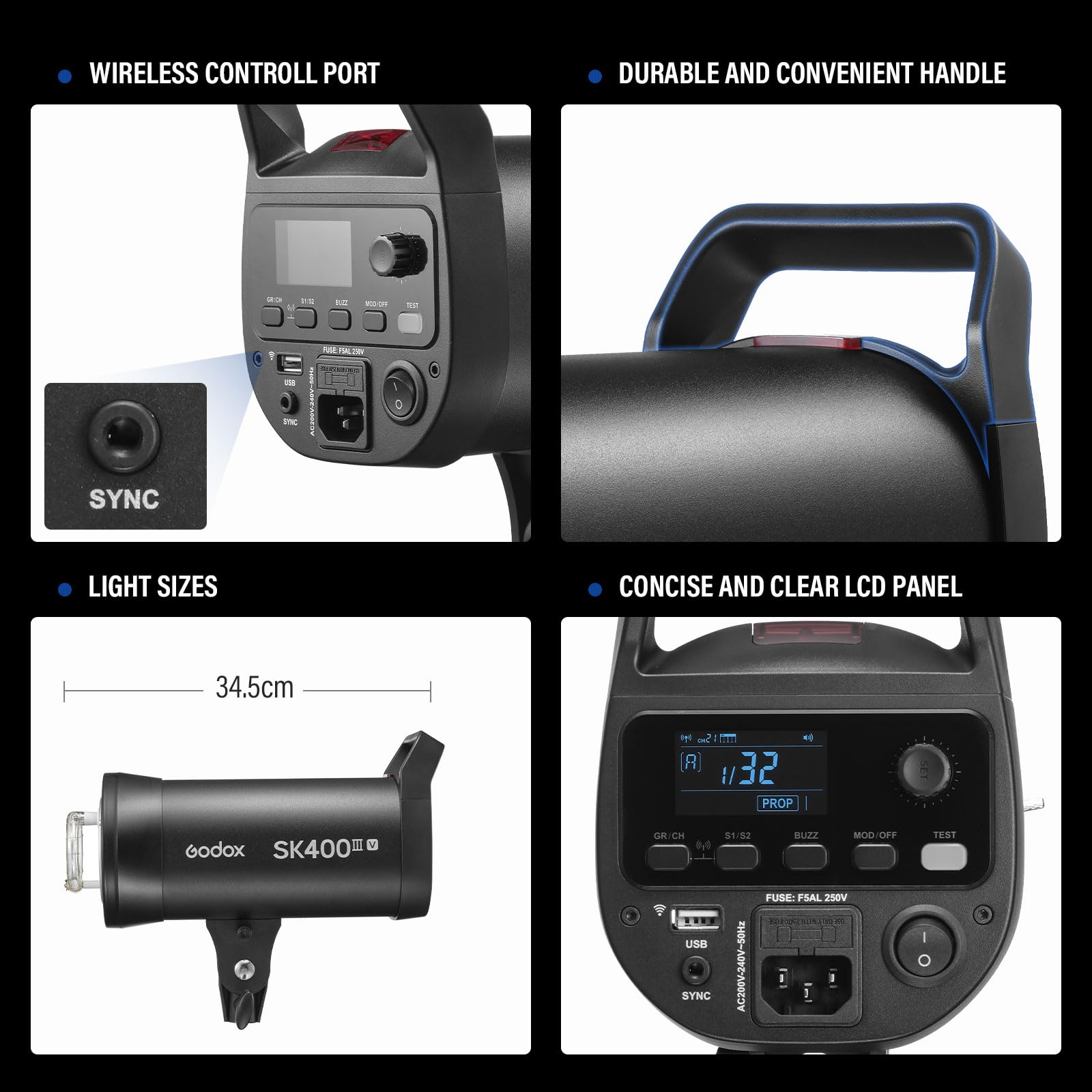 GODOX SK400IIIV lampa błyskowa SK400IIV Upgrade Monolight Flashs, profesjonalna lampa studyjna, światło wideo LED, złącze Bowensa, 400 W, 2,4 G, bezprzewodowy system X, 5700 ± 200 K, lampa modelowa