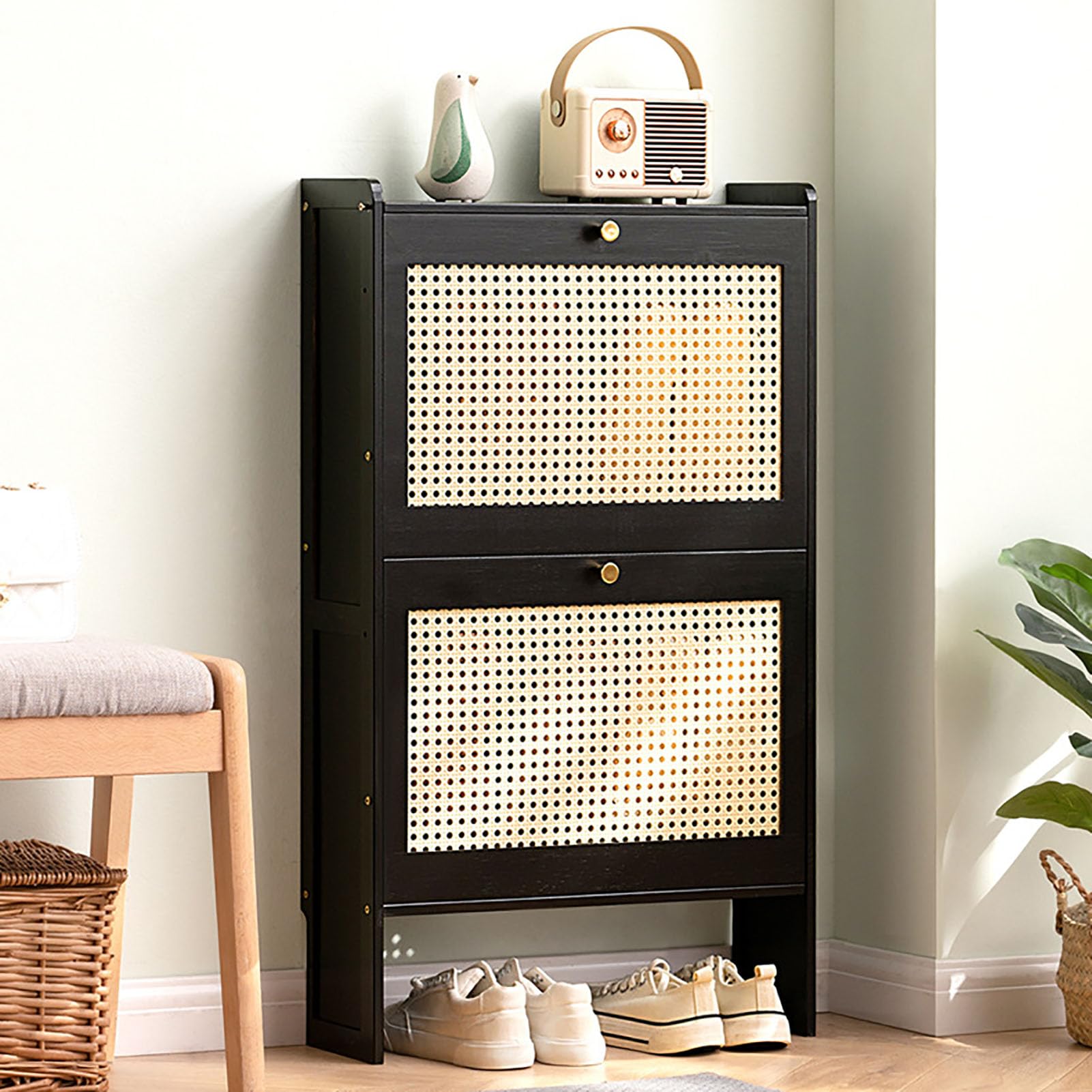Footstool Narrow Entryway Shoe Cabinet, Modern Slim Shoe Cabinet with Drop Down Doors, Freestanding Shoe Rack Organizer for Sneakers, High Heels, Slippers (50 x 17 x 87 cm, Black)