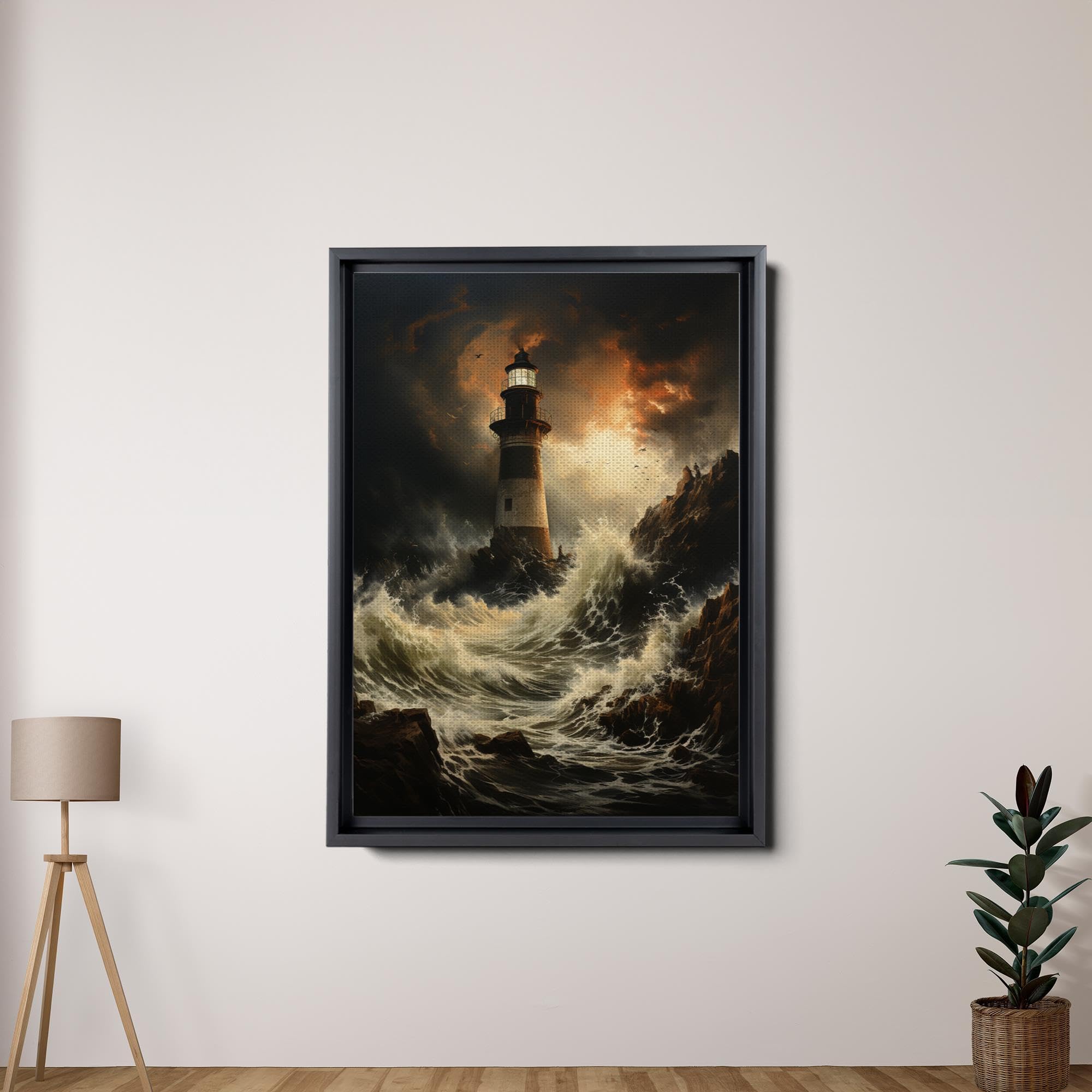 Lighthouse in a storm, black and white, tsunami waves, framed canvas print, ready to hang framed wall art, Decor Canvas, Wall Decor