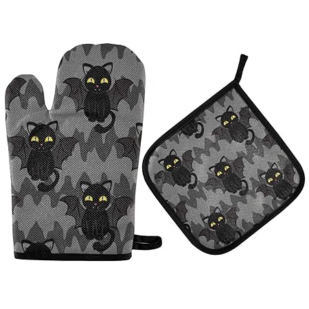 Exnundod Halloween Cat Oven Mitts & Pot Holders 2pcs Kitchen Heat Resistant Non-Slip Potholders Set for Cooking Baking BBQ