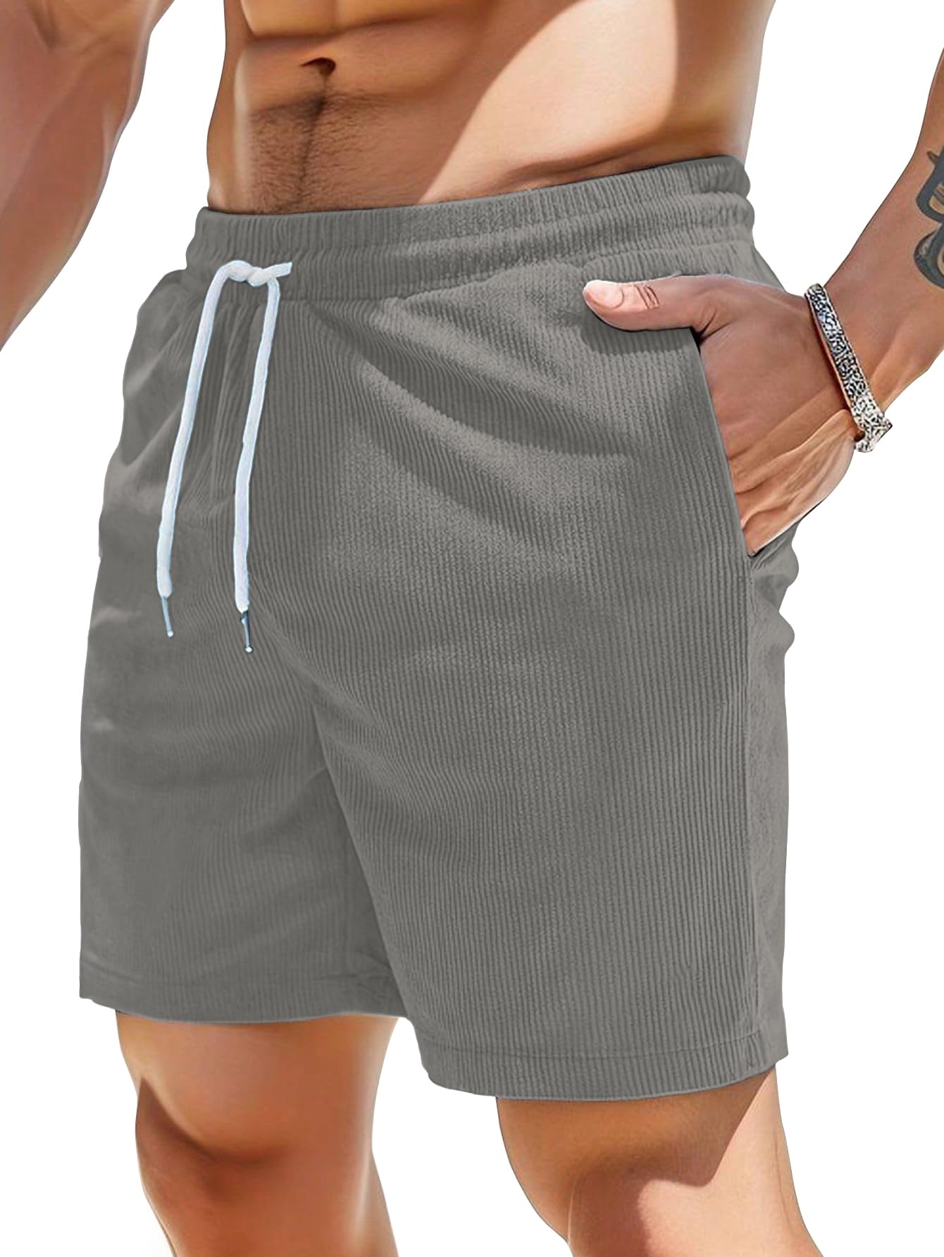 shasmi Men's Corduroy Textured Casual Shorts with Drawstring Waist | Loose Fit Summer Beach Shorts for Men | Breathable Solid Color Half Pants with Pockets (Short 187)-picture-47