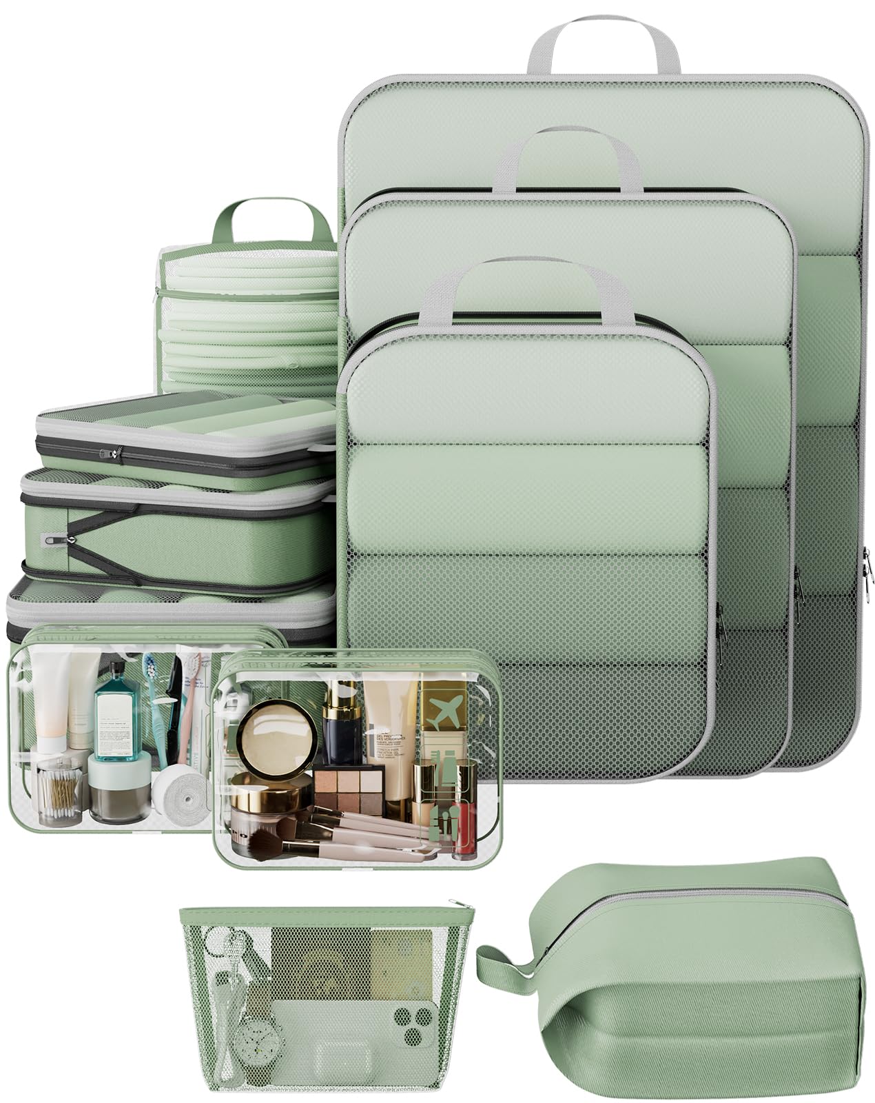 Veken 11 Set Compression Packing Cubes for Travel Essentials,Compressible Expandable Large Luggage Suitcase Organizer Bags for Clothing,Durable Space