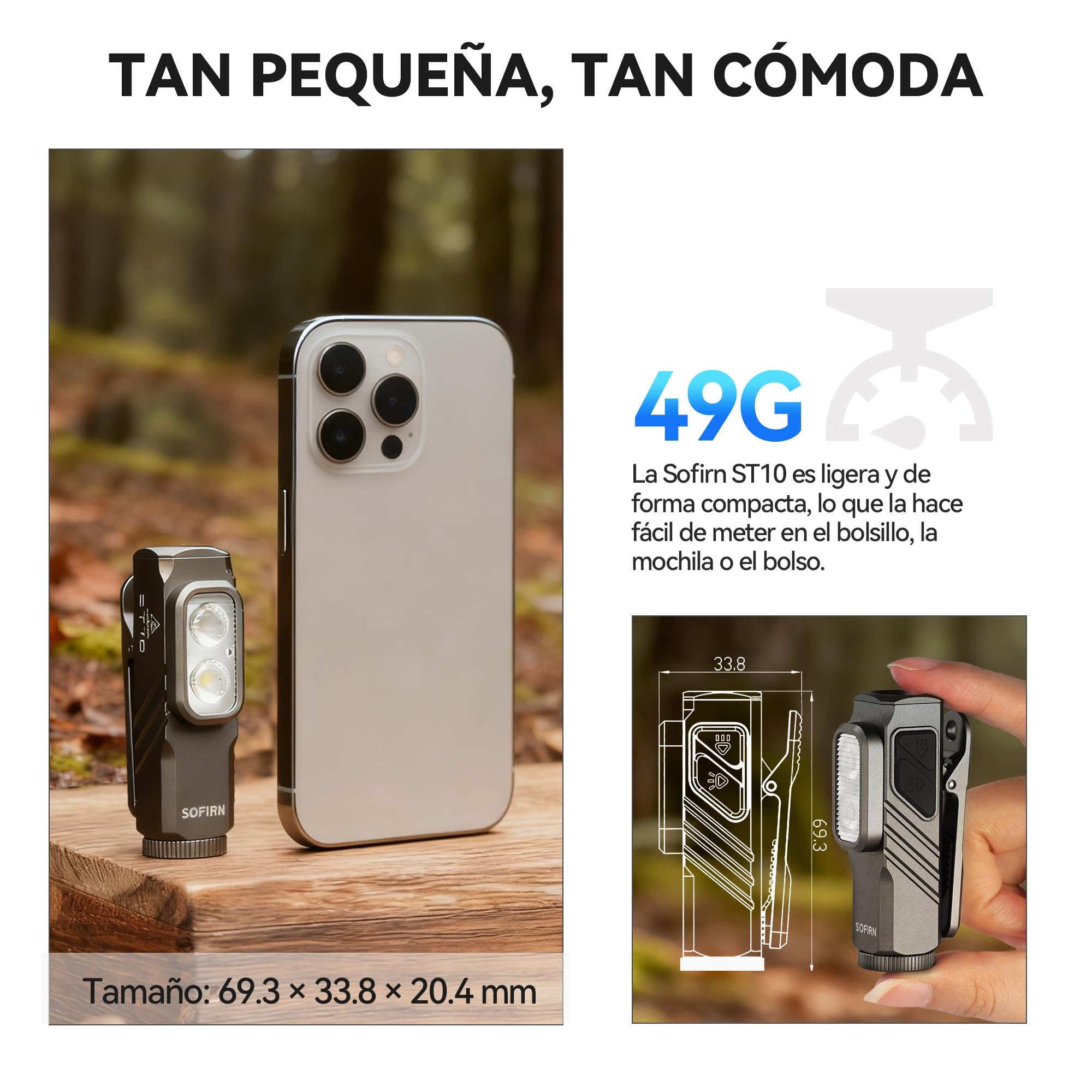 Sofirn ST10 Linterna Led Recargable, 1000LM Enfocado/500LM Inundación/660NM Luz Roja, Doble Imán, Typ-C, Clip, IPX6, Linternas Led Alta Potencia para Hogar, Pasear al Perro, Pesca, Emergencias
