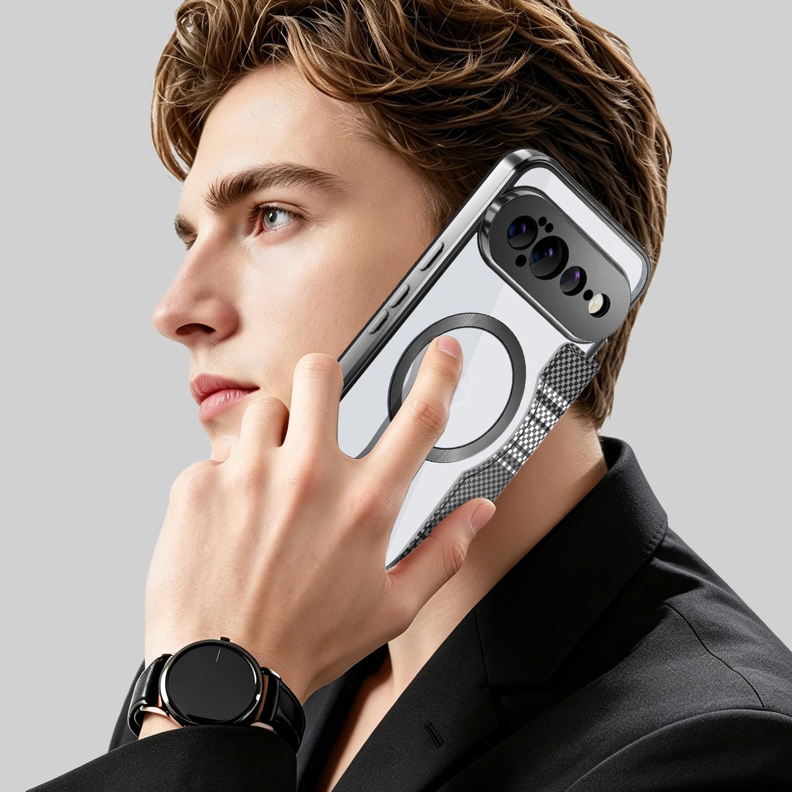 Custodia Per Google Pixel 11 Pro XL/ 11 Pro/ 11, Flip Portafoglio Cover | Magnetica Fibra di Carbonio Modello Protezione Completa Trasparente Caso,Marrone,11