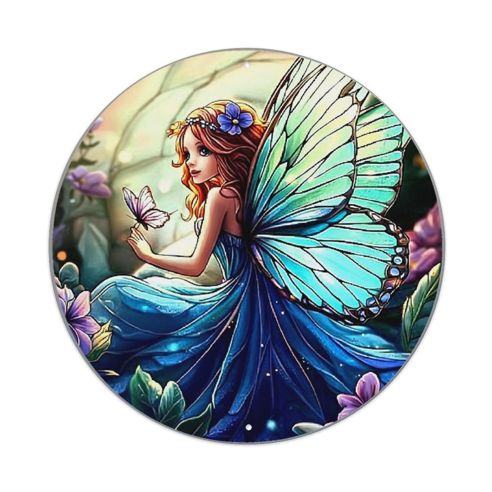 Fairy With Butterfly Wings Pattern Vintage Metal Tin Sign Retro Wall Decor for Home Bar Garage Cafe, Indoor & Outdoor Decorative，circle Metal Poster, 8x8 Inch