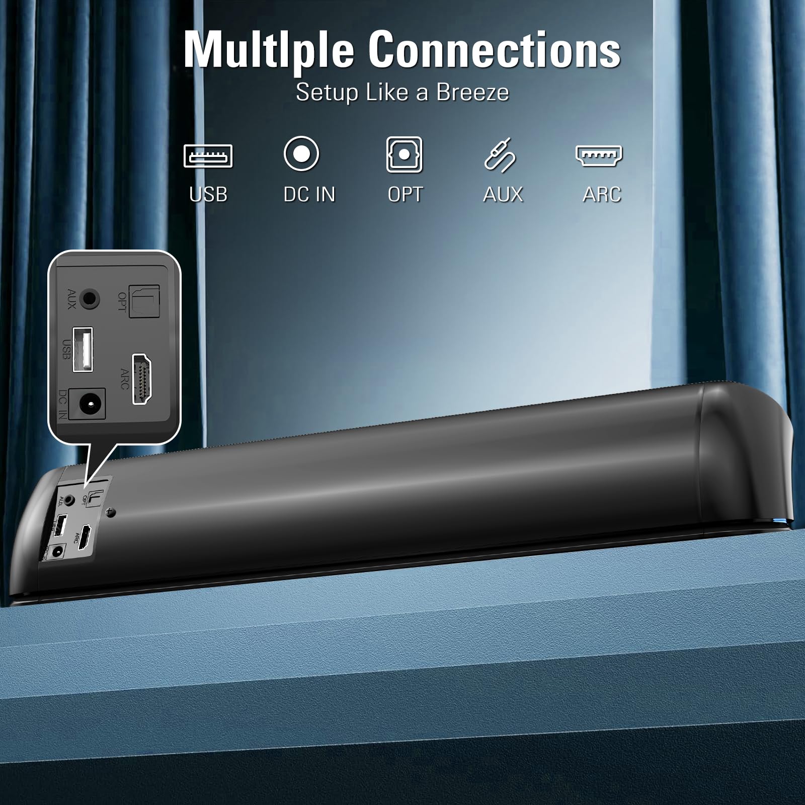 Sound Bar do Smart TV, soundbar z połączeniem Bluetooth/ARC/Opt/AUX, automatyczne zwiększanie głośności, 3 tryby korektora, odłączany soundbar 2 w 1 do telewizora/PC/gier/projektorów