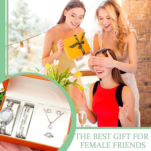 Miniatura 5 de Juego de 7 piezas de reloj y pulsera de lujo para mujer, elegante joyería de diamantes de imitación, reloj de cuarzo y pulsera para mujer, anillo de