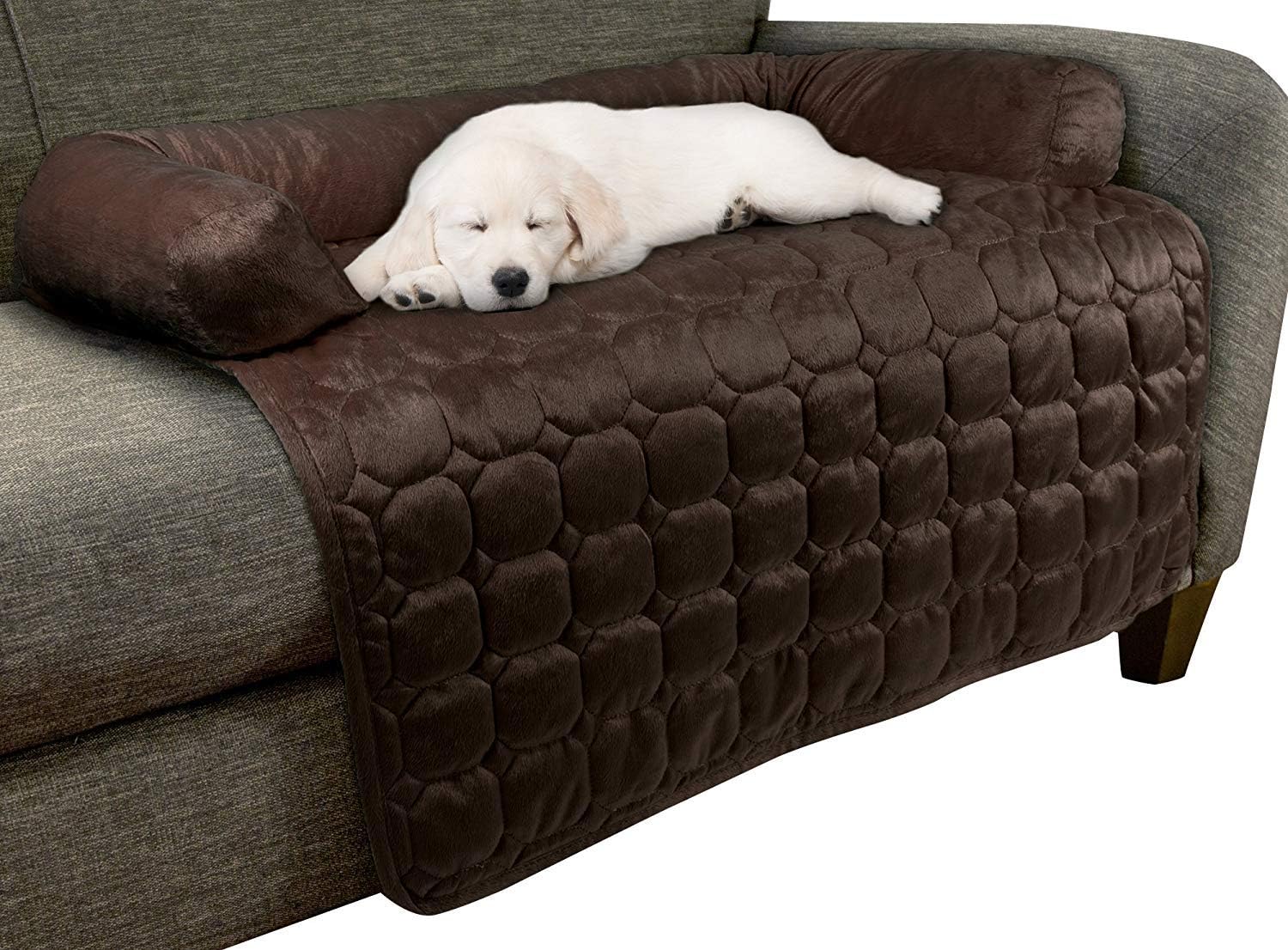 Couch Cover for Dogs – 35x35 Pet Furniture Protector with Memory Foam Bolster, Quilted Fabric, Non-Slip Water-Resistant Base Layer by PETMAKER (Brown)
