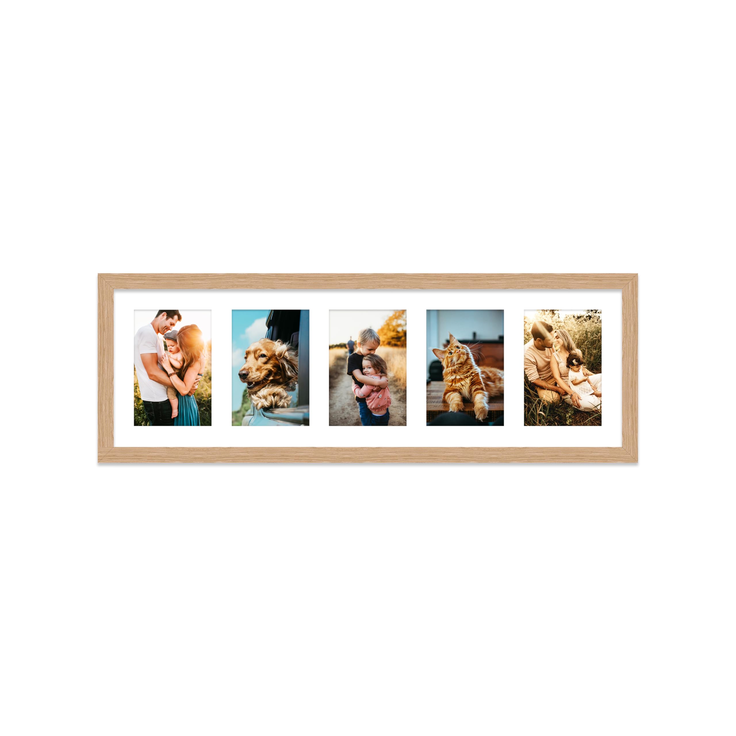 Oak Multi Photo Frame - Holds 5 x 6x4 Pictures, Family Collage Picture Frame for Wall Display, 8x26 Panoramic Frame Size, Pack of 1