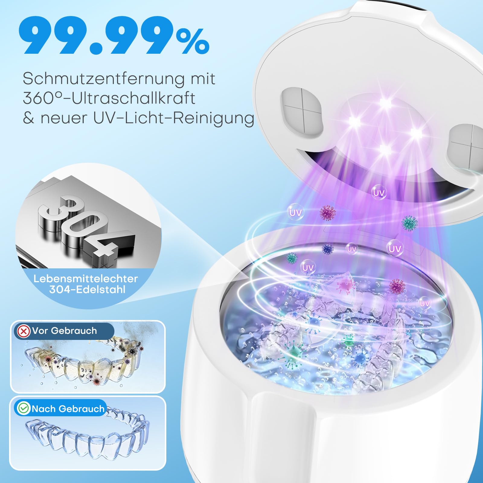 Pulitore ad ultrasuoni 45000 Hz, UV a ultrasuoni, 200 ml