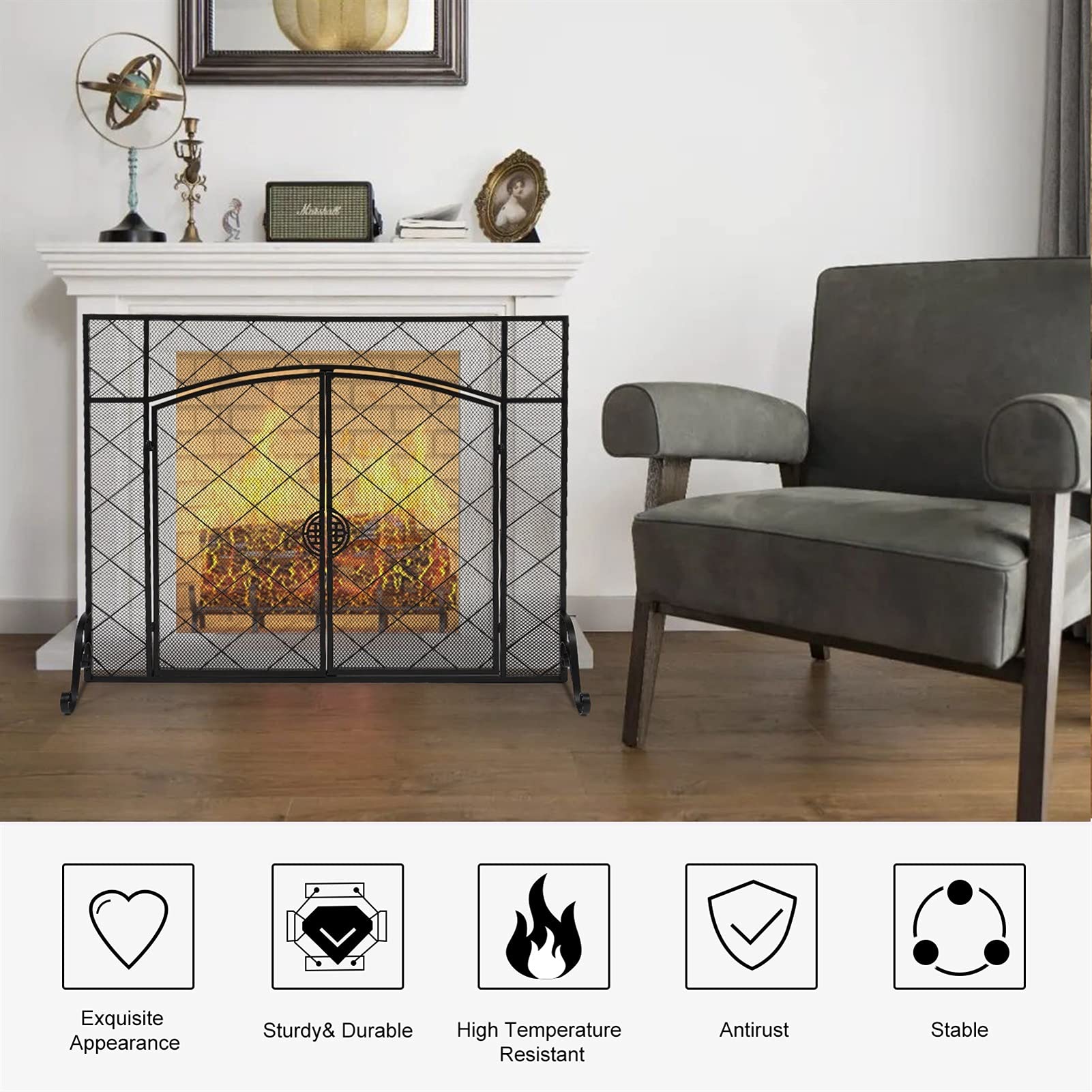 Schermi per Caminetti di Guardia Caminetto Schermo sottile Rhombus Rhombus piccola decorazione della griglia Doppia porta quadrato in ferro battuto 111x13x84cm Accessori per Caminetti in Rete Decorati