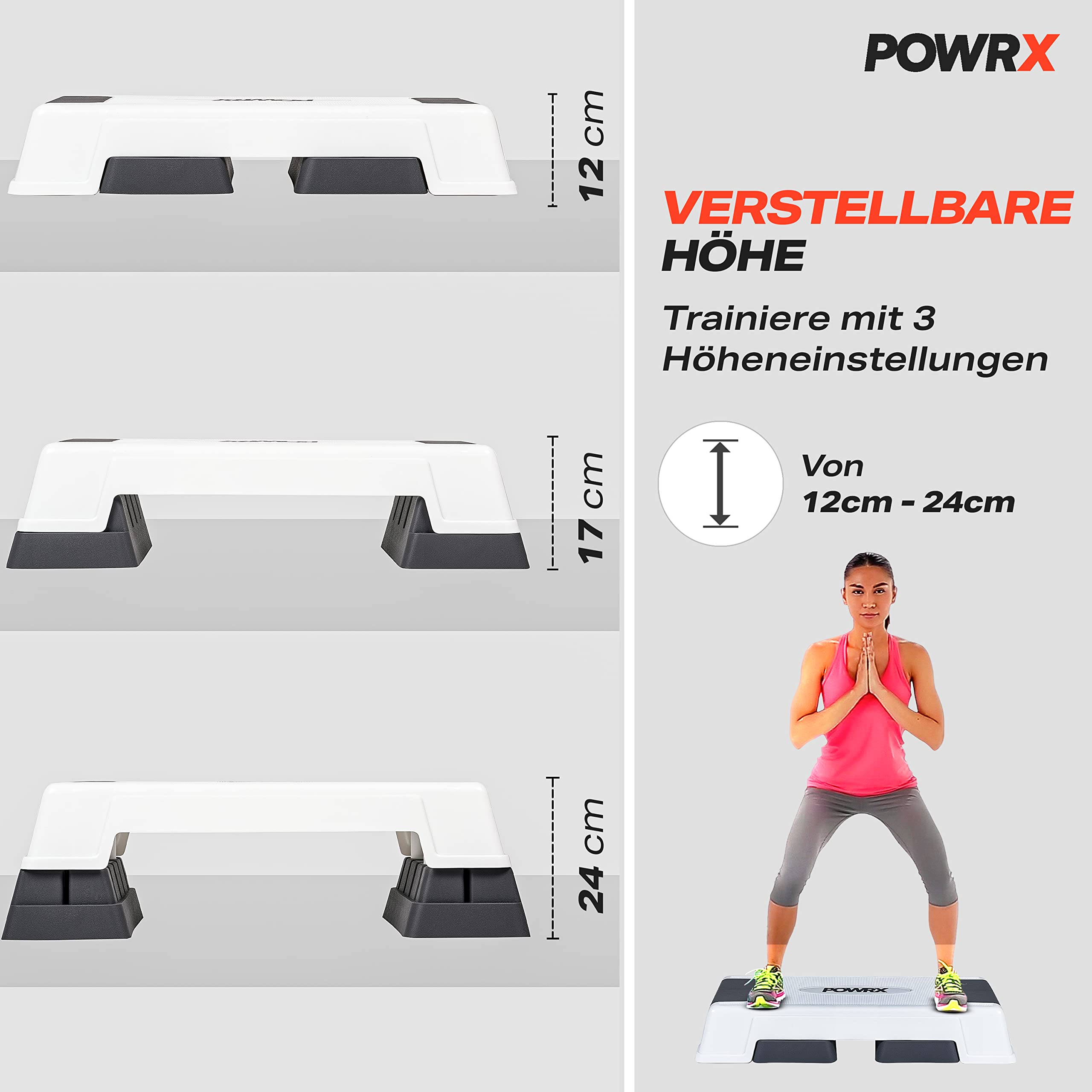 POWRX Aerobic Steppbrett 12/17/24cm (3 Stufen) Weiß I Stepper höhenverstellbar und rutschfest für Aerobic, Gymnastik und Fitness I Home Step Stepbench