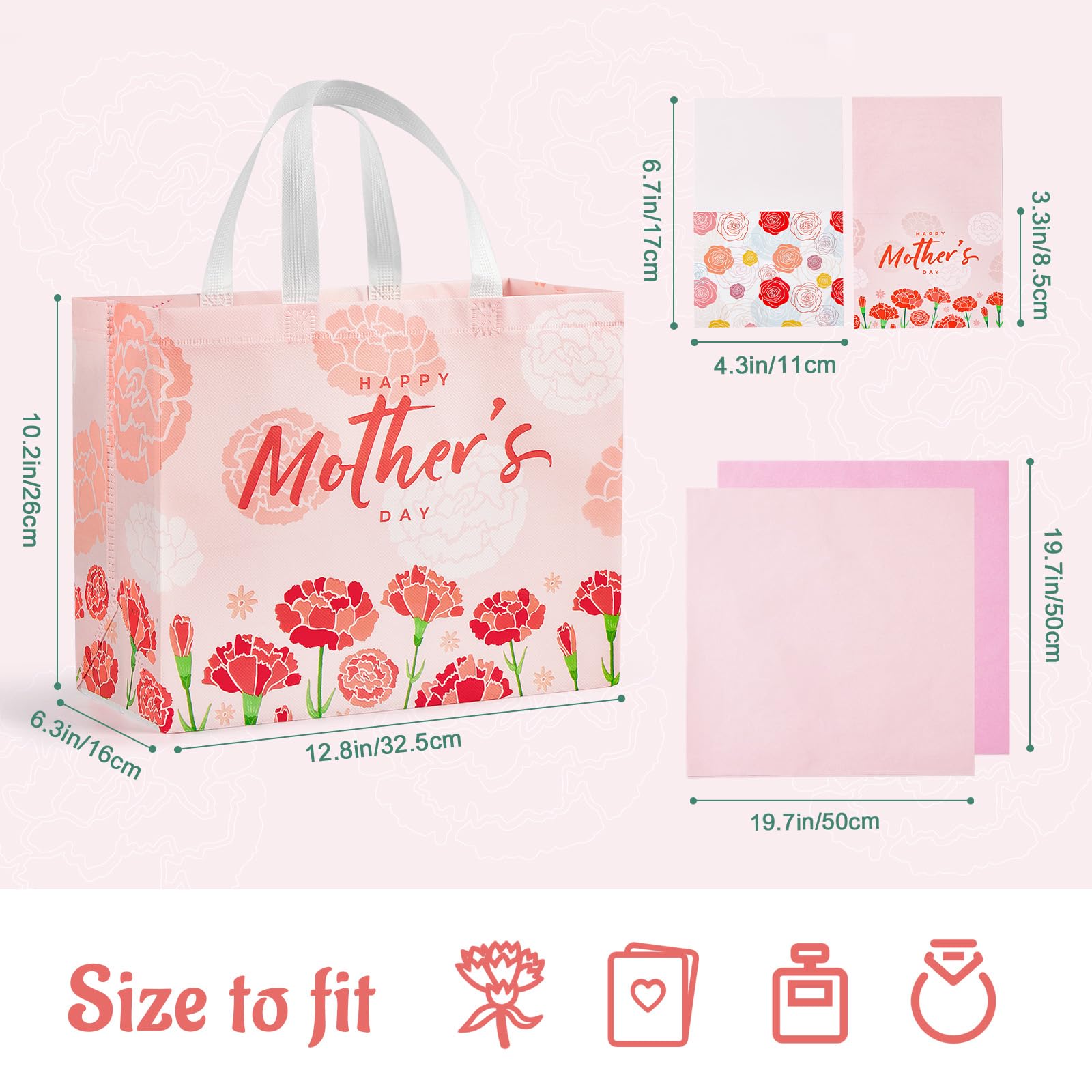 YANGTE 2 Pack 13" Large Mothers Day Gift Bags with Tissue Paper, Reusable Non-Woven Mothers Day Bag with Handle, Elegant Mothers Gift Wrap Bags for Presents, Floral Gift Bags with Cards for Woman, Mom
