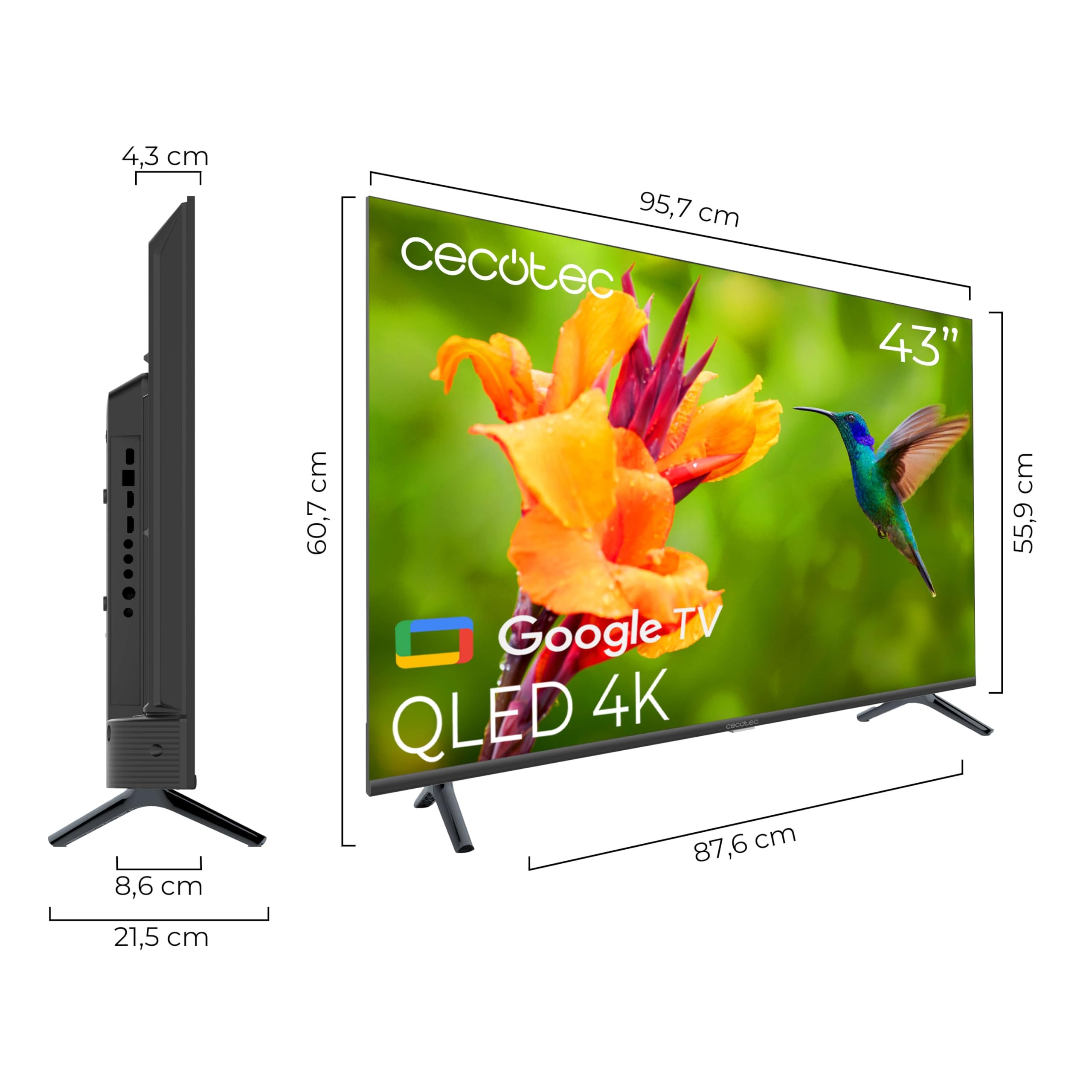 Cecotec Smart TV, Televisor QLED de 43 Pulgadas Resolución 4K UHD V4 Series VQU40043. Google TV, Dolby Vision&Atmos, VRR, HDMI 2.1, USB 3.0, HDR10, 16 GB ROM, Google Voice Assitant, Chromecast
