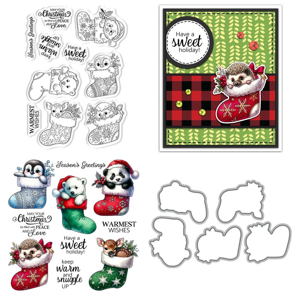 Christmas Stocking Animal Stamps and Die Cuts for Card Making Sika Deer Transparent Silicone Clear Stamp and Metal Cutting Dies Sets for DIY Scrapbooking Paper Crafting Seals Decorative Supplies