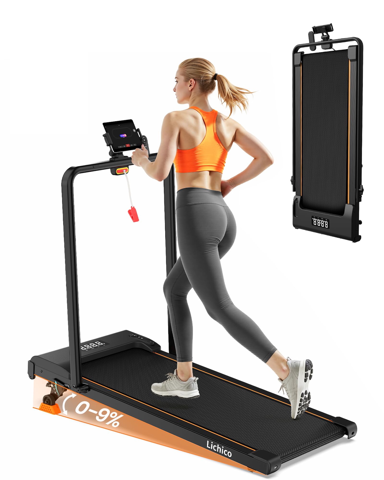 Lichico Bieżnia do Domu z Regulacją Nachylenia 0-9% lub Składaną Poręczą, Mała Walking Pad, Cicha Bieżnia do Biurka, Łączność Bluetooth, Max Obciążenie 150 kg, Trzy Warianty do Wyboru
