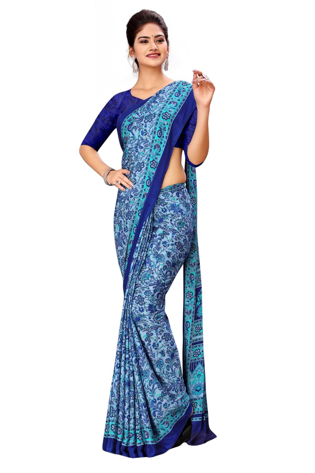 Ash Navy Blue Women's Premium Italian Silk Paisley Print Catering Uniform Sarees With Blouse Piece-image-46