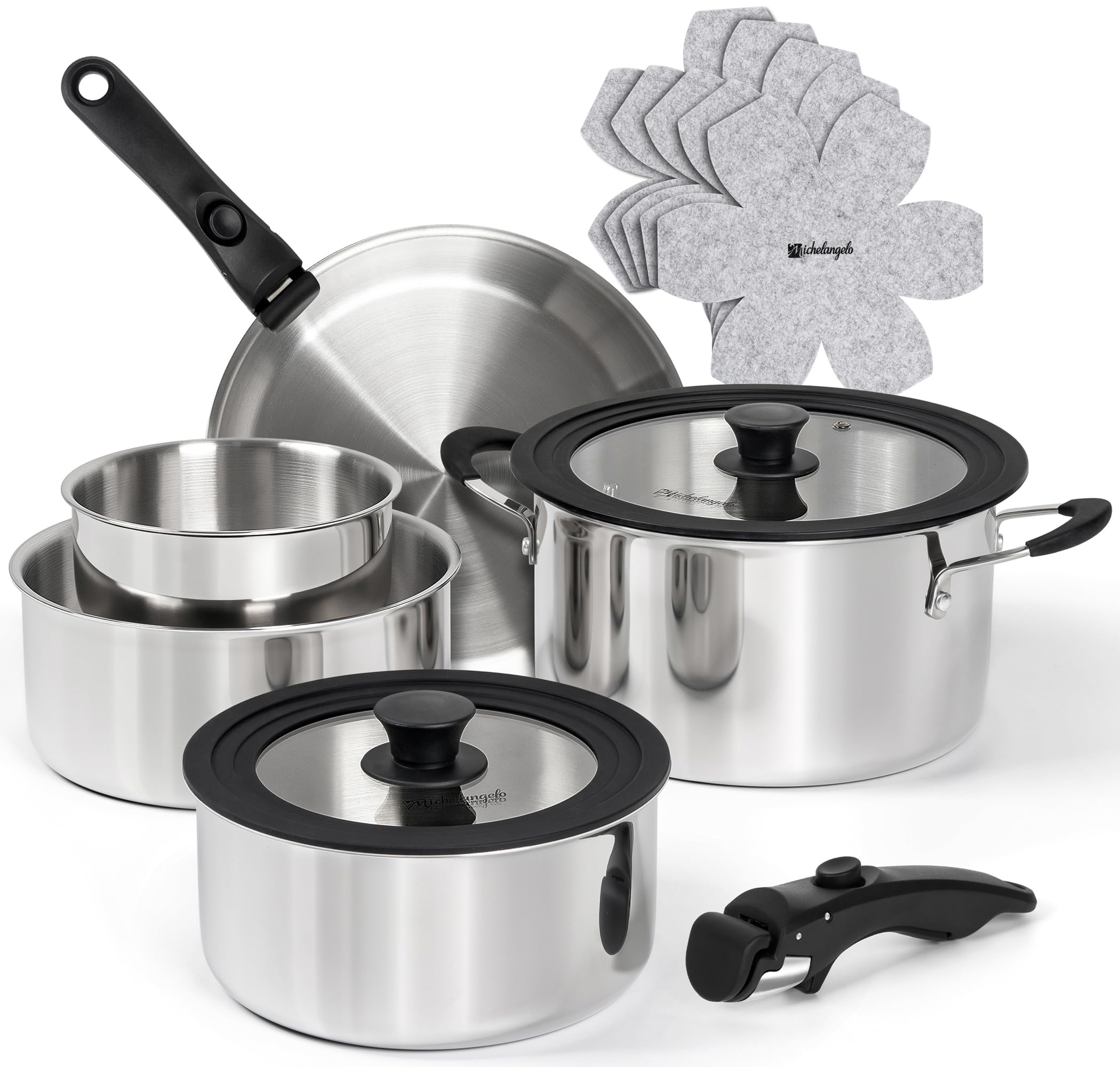 Michelangelo Set da 14 pentole in acciaio inox a tre strati con manico staccabile, set di pentole da cucina a induzione, pentole e padelle adatte al forno, impilabili per camper e campeggio