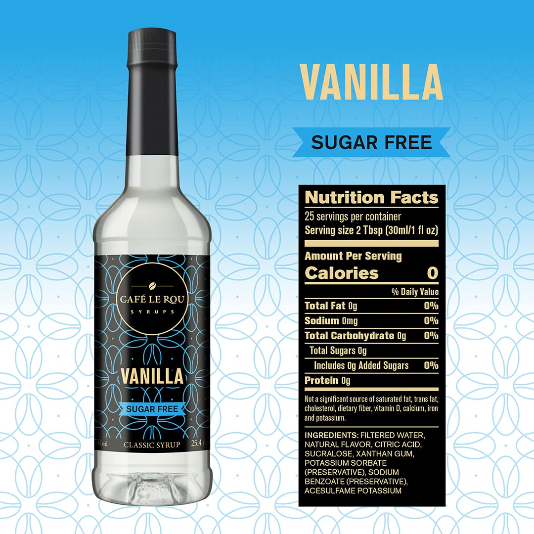 Café Le Rou Coffee Syrup Sugar Free Variety 25.4oz Vanilla, French Vanilla, Caramel, Salted Caramel, Hazelnut - (Sugar Free Variety, 5-Pack) *Includes 5 Syrup Pumps* Flavoring Syrup for Coffee, Tea & Espresso Made in the USA
