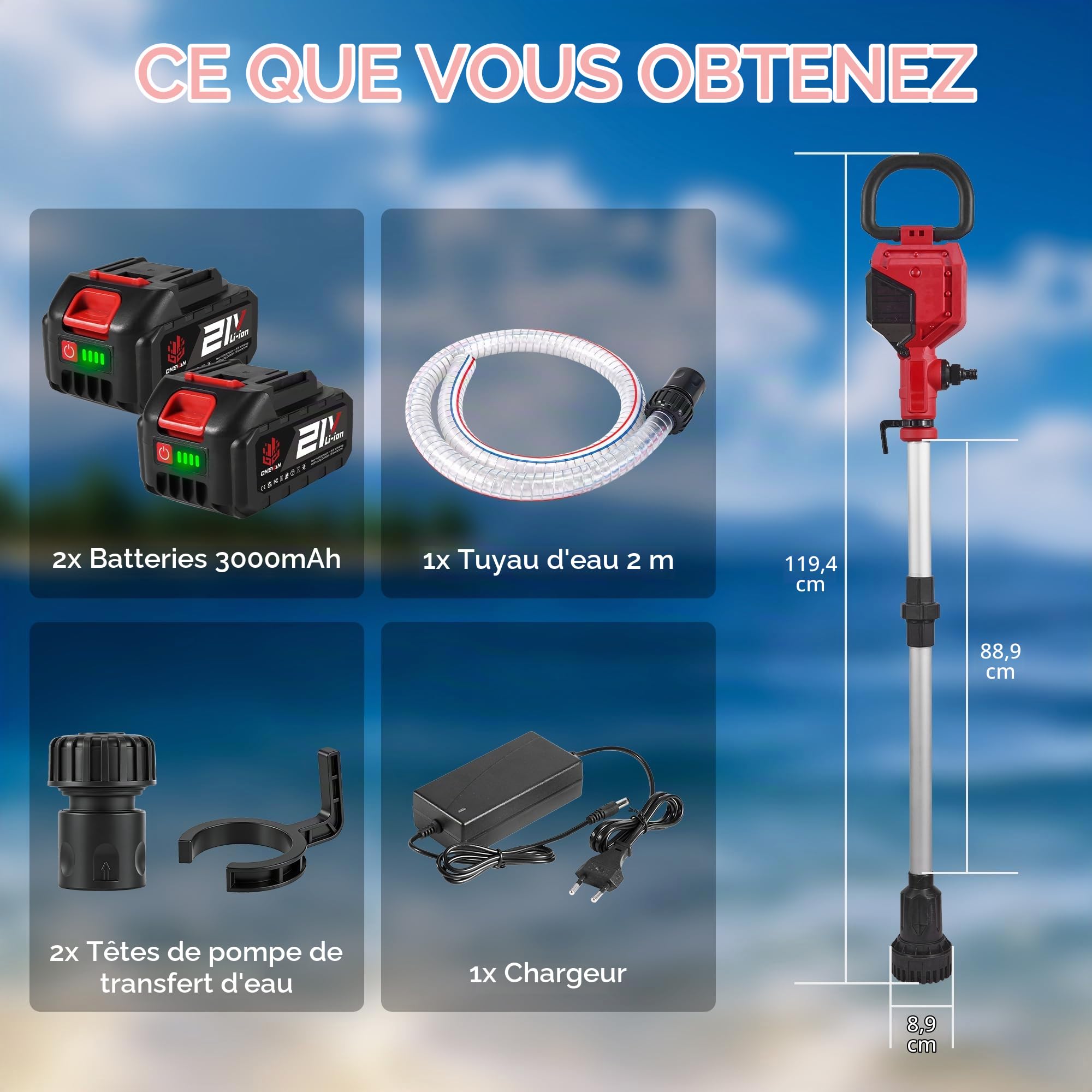 ONEVAN Pompe à Eau sans Fil avec Perche Télescopique, 2x 3,0Ah Batteries | Débit de 2740 l/h, hauteur de refoulement de 10m, tube télescopique de 90 cm, brushless, pour le drainage et l'irrigation