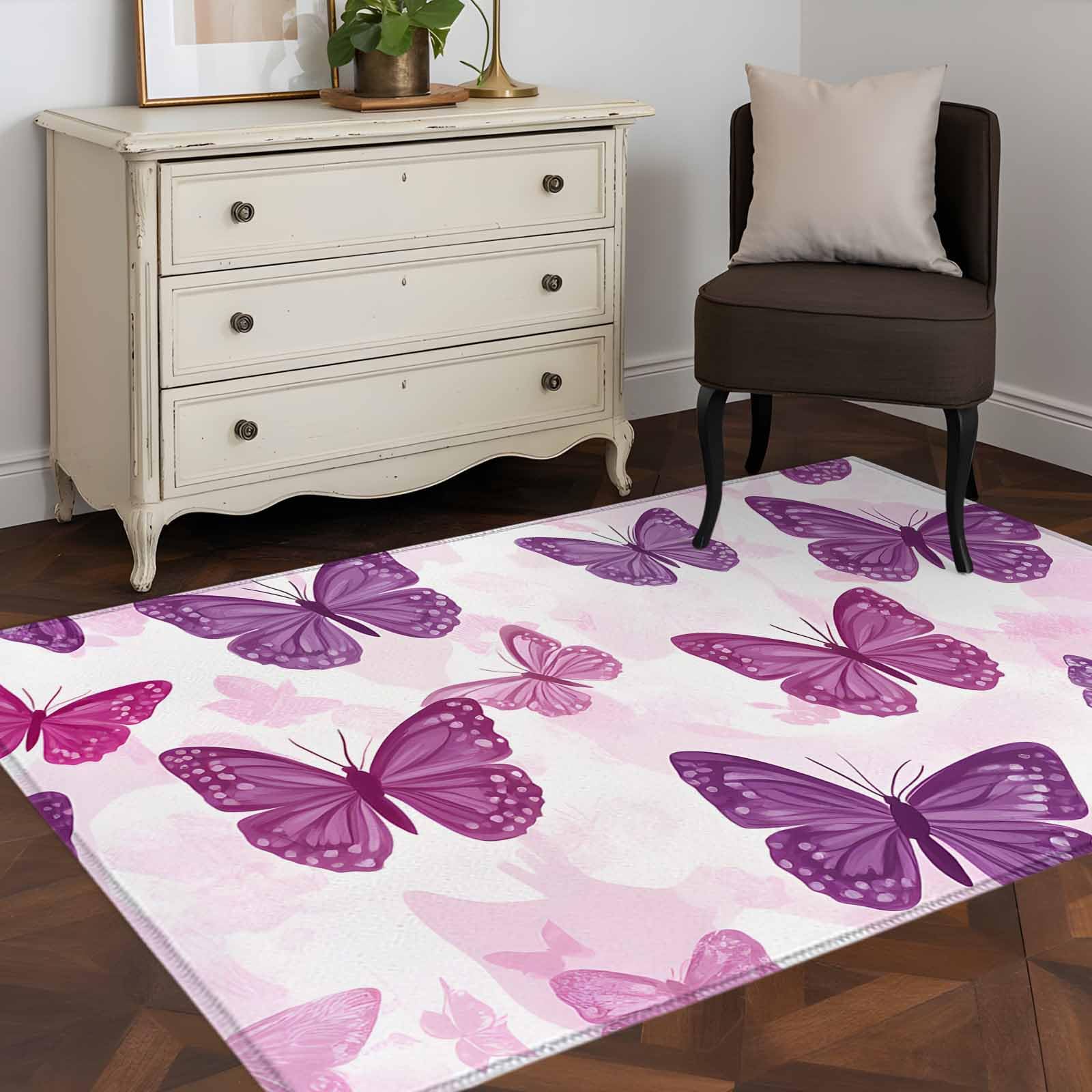 Purple Butterflies Area Rugs 3'x5', Washable Small Throw Rugs for Living Room Bedroom, Summer Butterfly Modern Art Indoor Outdoor Rug Non-Slip Low Pile Carpet Runner Reversible Floor Mats