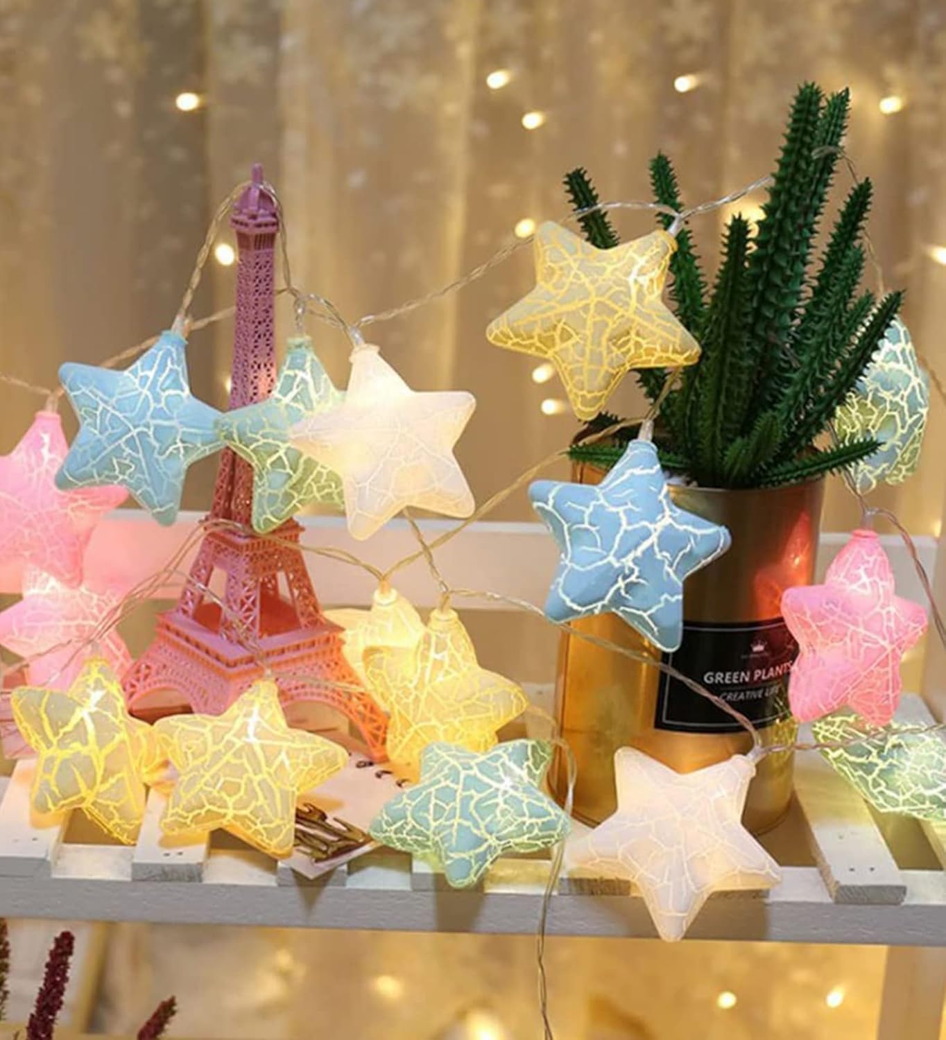 Xenith 14 LED Crackle Star Shape Pastel Fairy String Lights for Baby Kids Room Diwali Christmas Festival Birthday Wedding Party Indoor Outdoor Garden Decoration (Multicolor, 3.5 Meter)-image-1