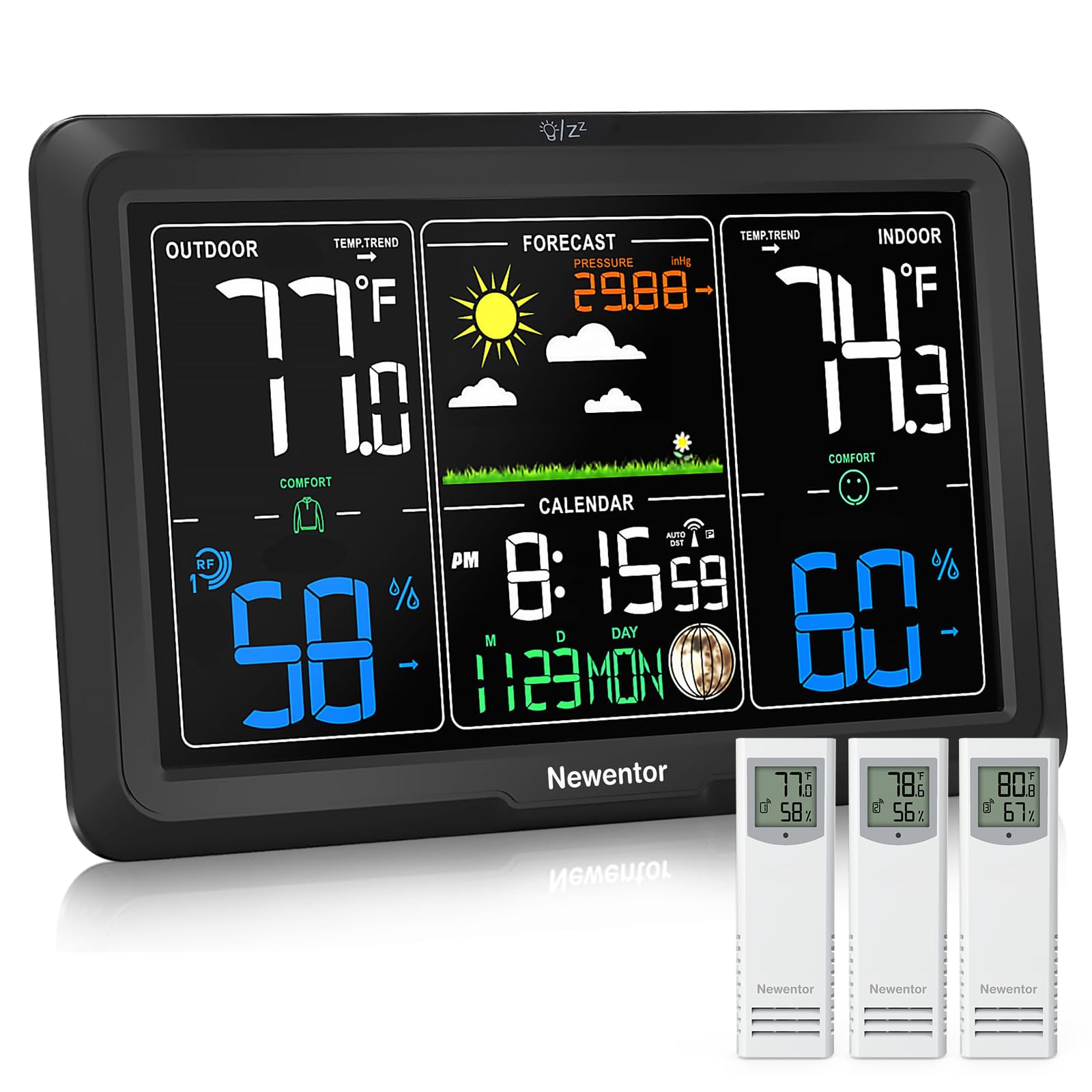 Newentor Weather Station Wireless Indoor Outdoor, Indoor Outdoor Thermometer Wireless, 7.5" Home Weather Stations with Atomic Clock, Temperature Humidity Gauge, Weather Forecast, Black, 3 Sensors-image-40