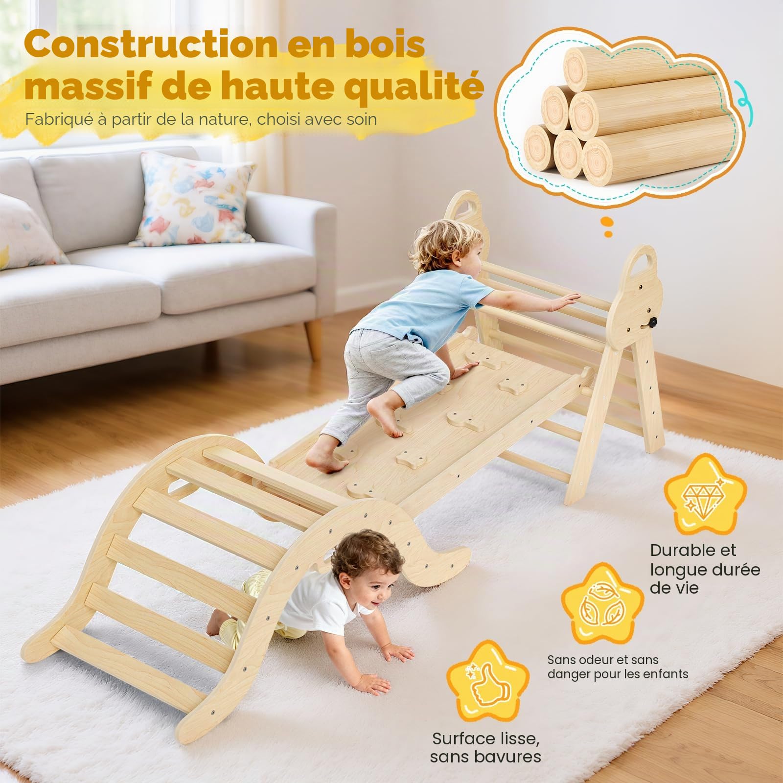 Kit de portique d'escalade Montessori 7 en 1 : triangle d'escalade d'intérieur, arche d'escalade avec coussin et toboggan, jouet d'escalade en bois, structure d'escalade pour 1 à 5 ans (3P avec
